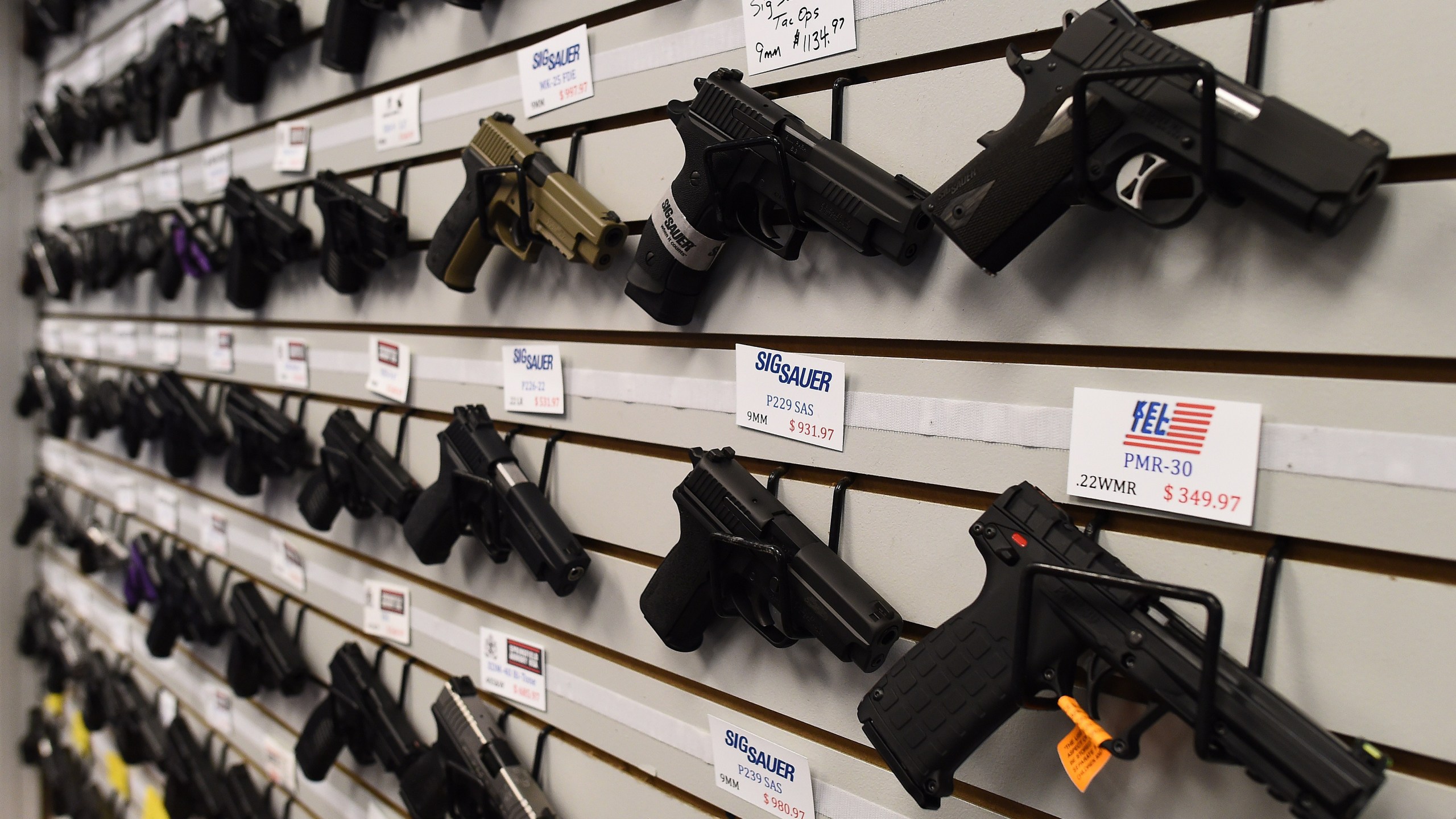 Handguns are displayed