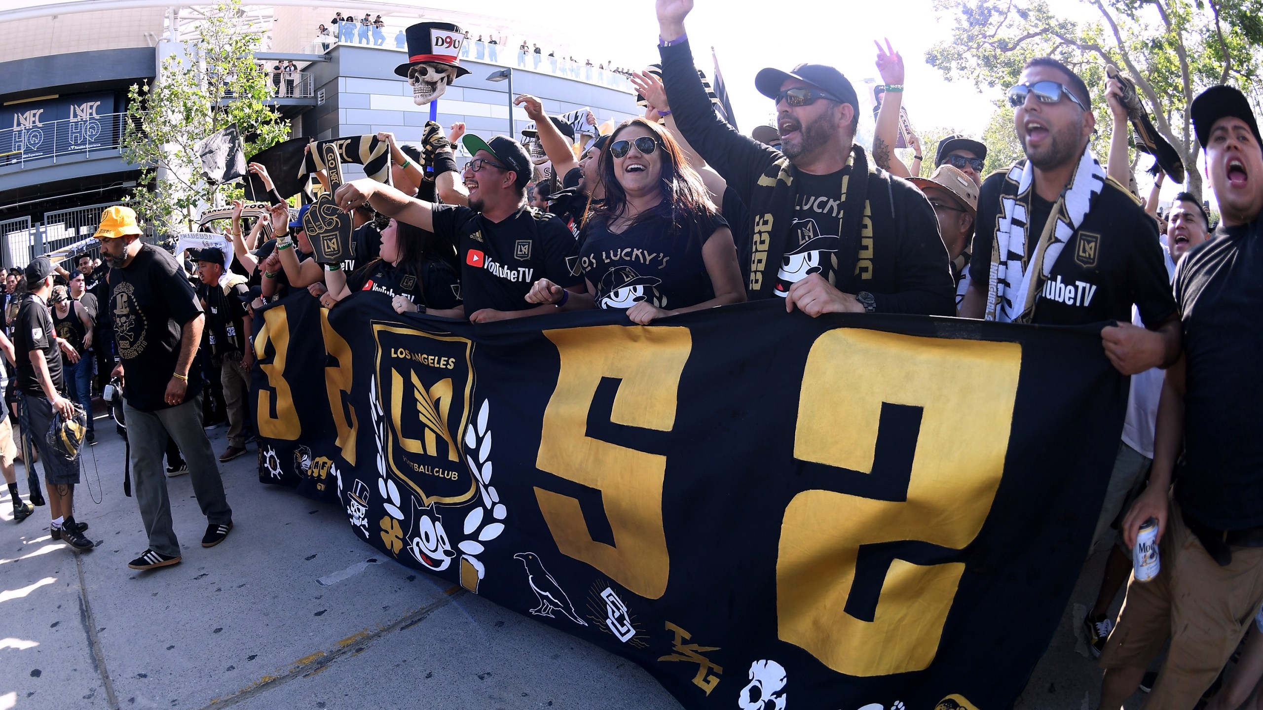 Fans gather at the Banc of California Stadium in Exposition Park before the inaugural home match of Los Angeles Football Club against the Seattle Sounders on April 29, 2018. (Credit: Harry How/Getty Images)