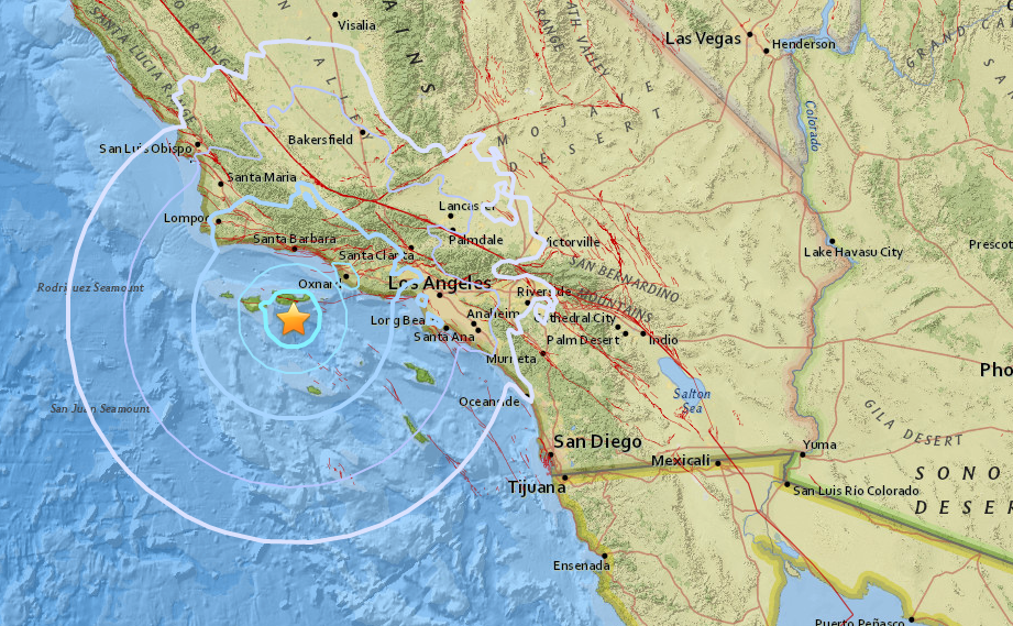 A USGS map shows the location of a magnitude 5.3 earthquake that struck off the Channel Islands around 12:30 p.m. Thursday, April 5, 2018.