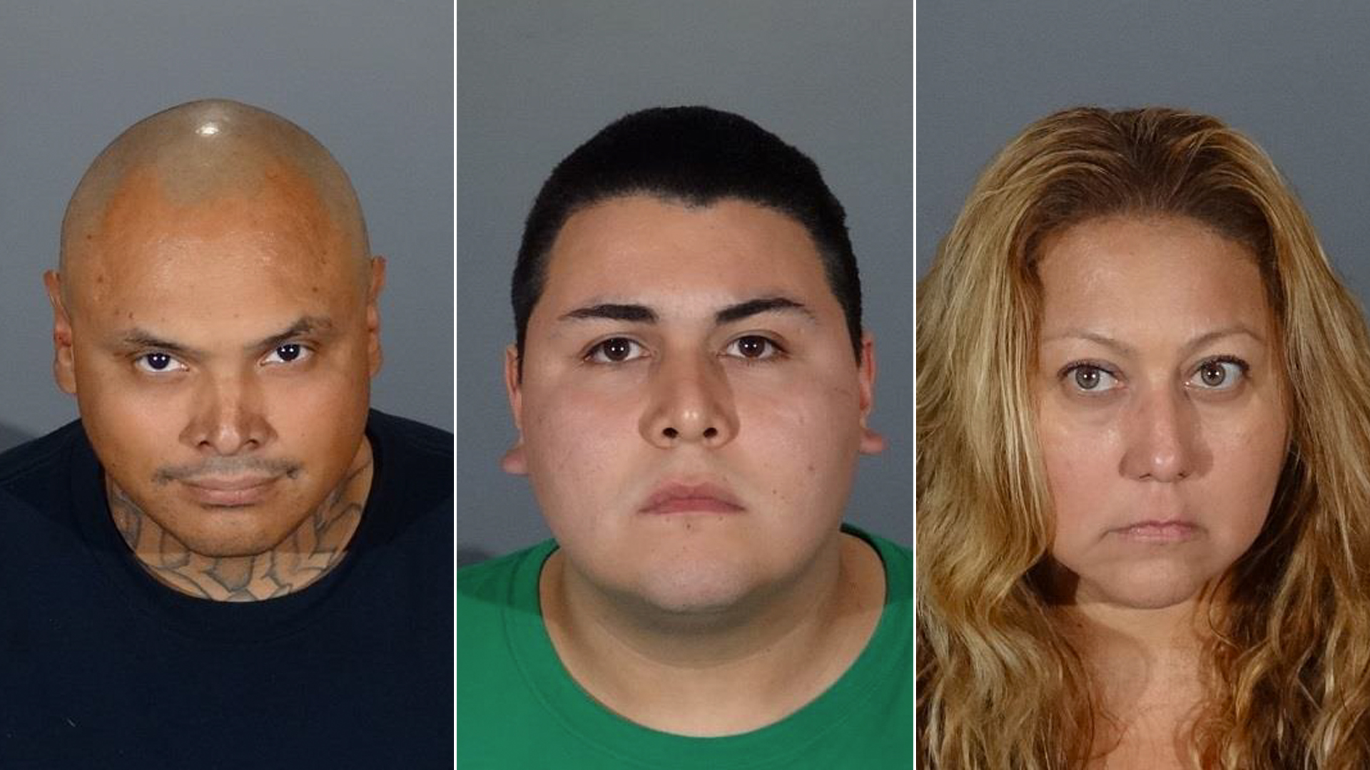 From left: Vidal Larios, Angel Franco and Elizabeth Franco are seen in booking photos released Sept. 20, 2018, by Covina police.