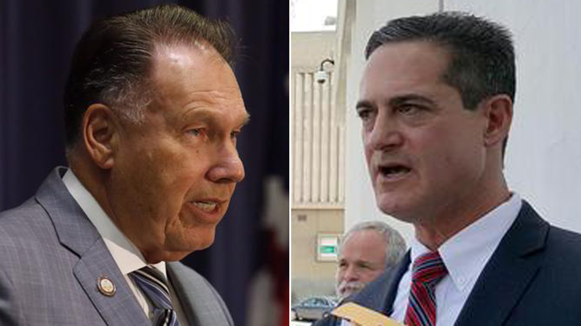 From left: Orange County Dist. Atty. Tony Rackauckas is shown at a 2016 news conference in Santa Ana, and O.C. Supervisor Todd Spitzer answers questions at a 2016 news conference. (Credit: Mark Boster / Anh Do / Los Angeles Times)