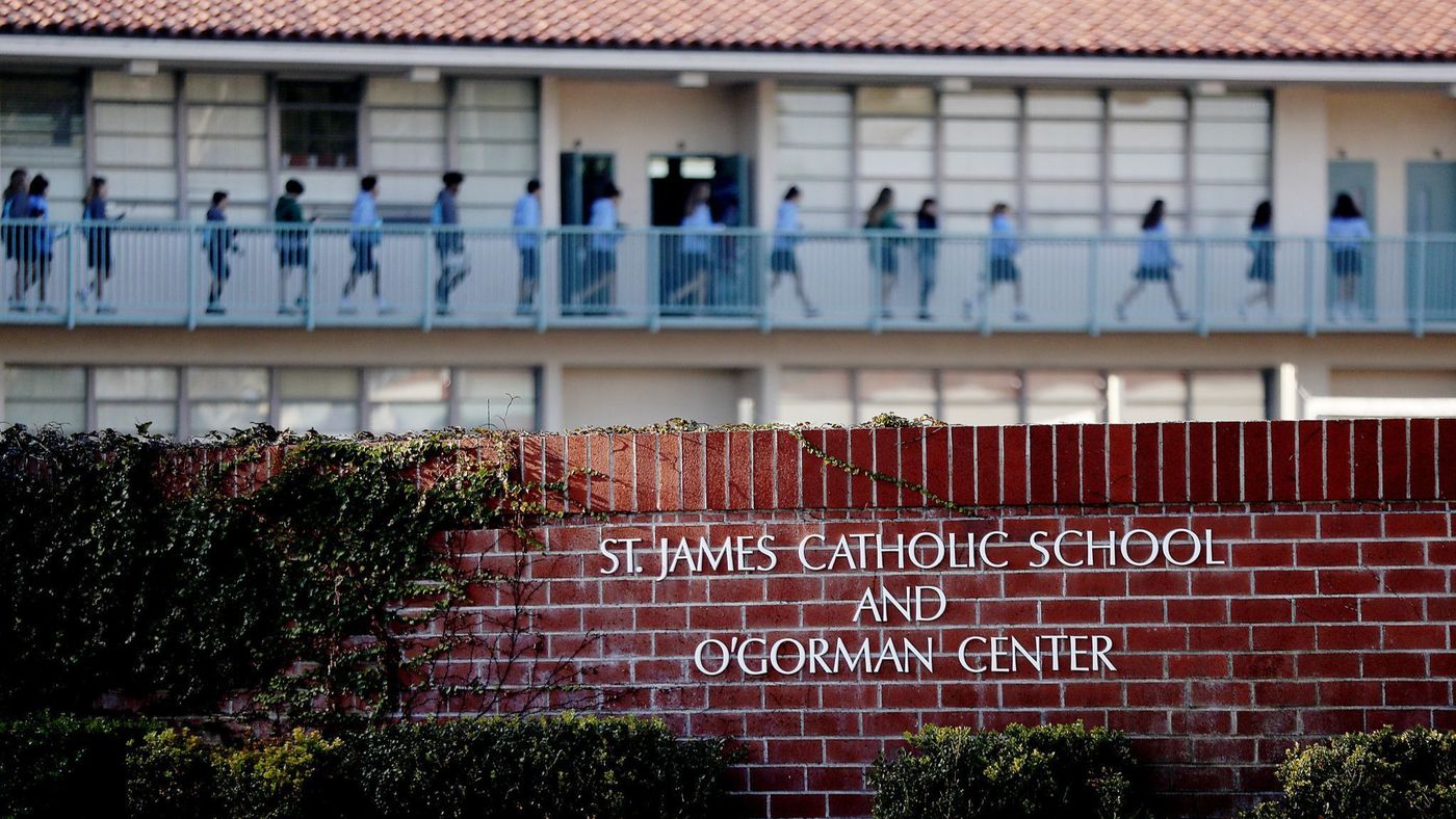 The exterior of St. James Catholic School in Torrance is seen in an undated photo. (Credit: Luis Sinco / Los Angeles Times)