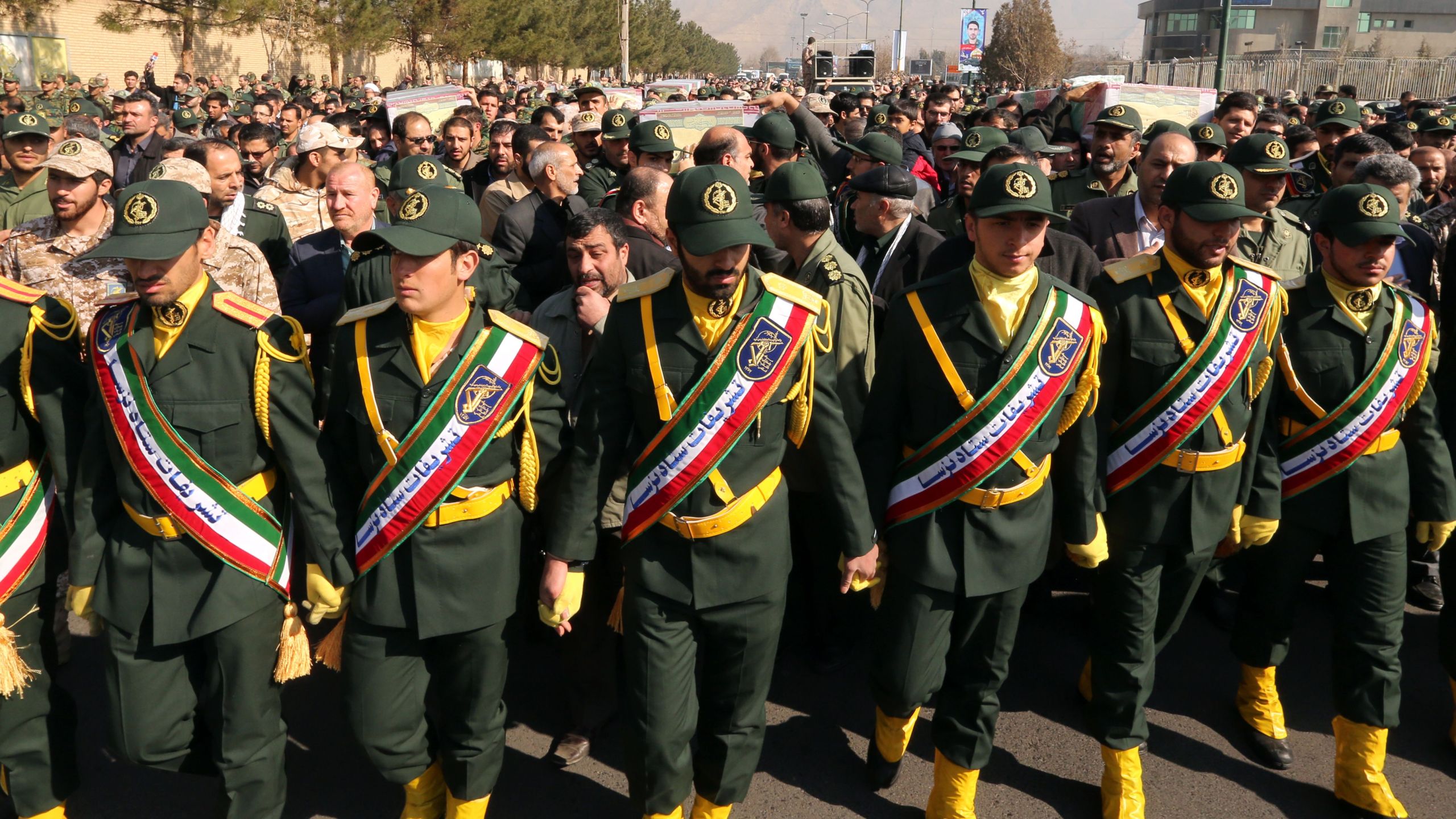 Members of the Iranian Revolutionary Guard carry the casket of Iran's Revolutionary Guards Brigadier General Mohsen Ghajarian in the capital Tehran on Feb. 6, 2016.