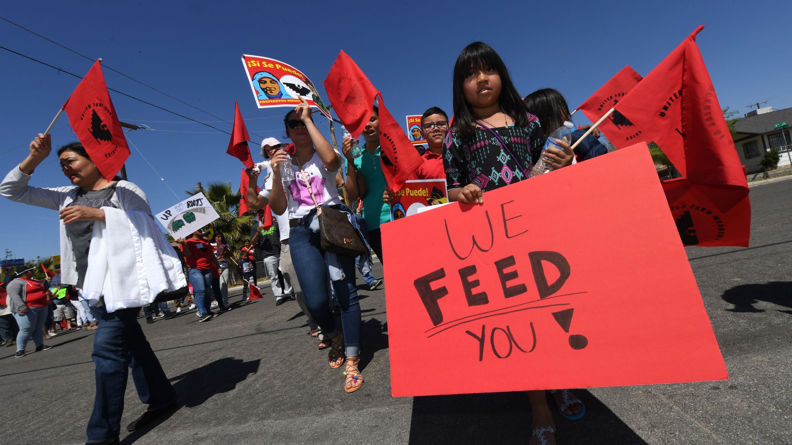 Casey Rojas, 9, carries a "We Feed You" banner as she shows support for farm workers marching against Donald Trumps anti-immigrant policies in Delano on on April 2, 2017.