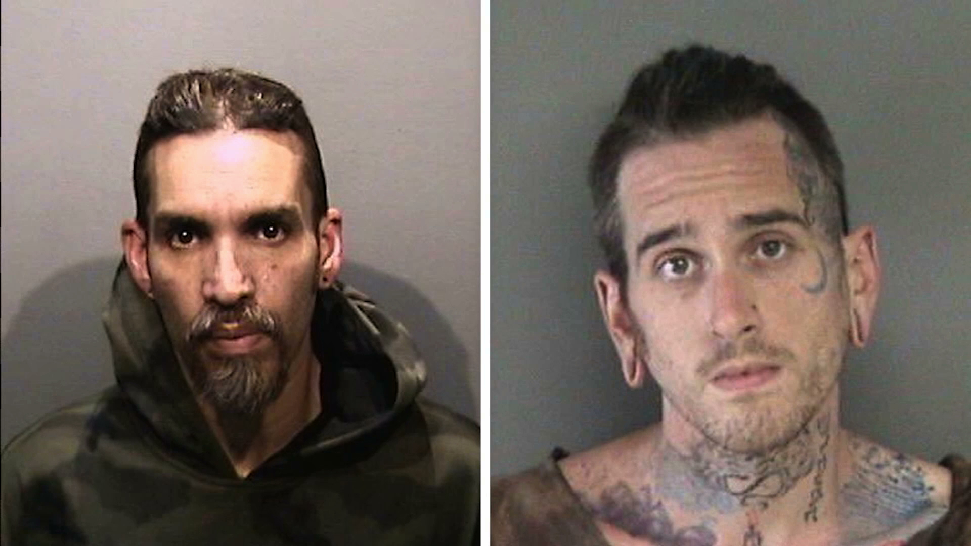 Derick Almena, left, and Max Harris are seen in 2017 booking photos released by the Alameda County Sheriff's Office. (Credit: KGO via CNN)
