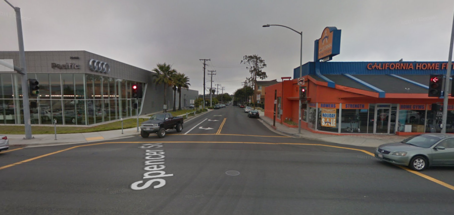 The intersection of Spencer Street and Hawthorne Boulevard in Torrance is seen in this image from Google Maps.