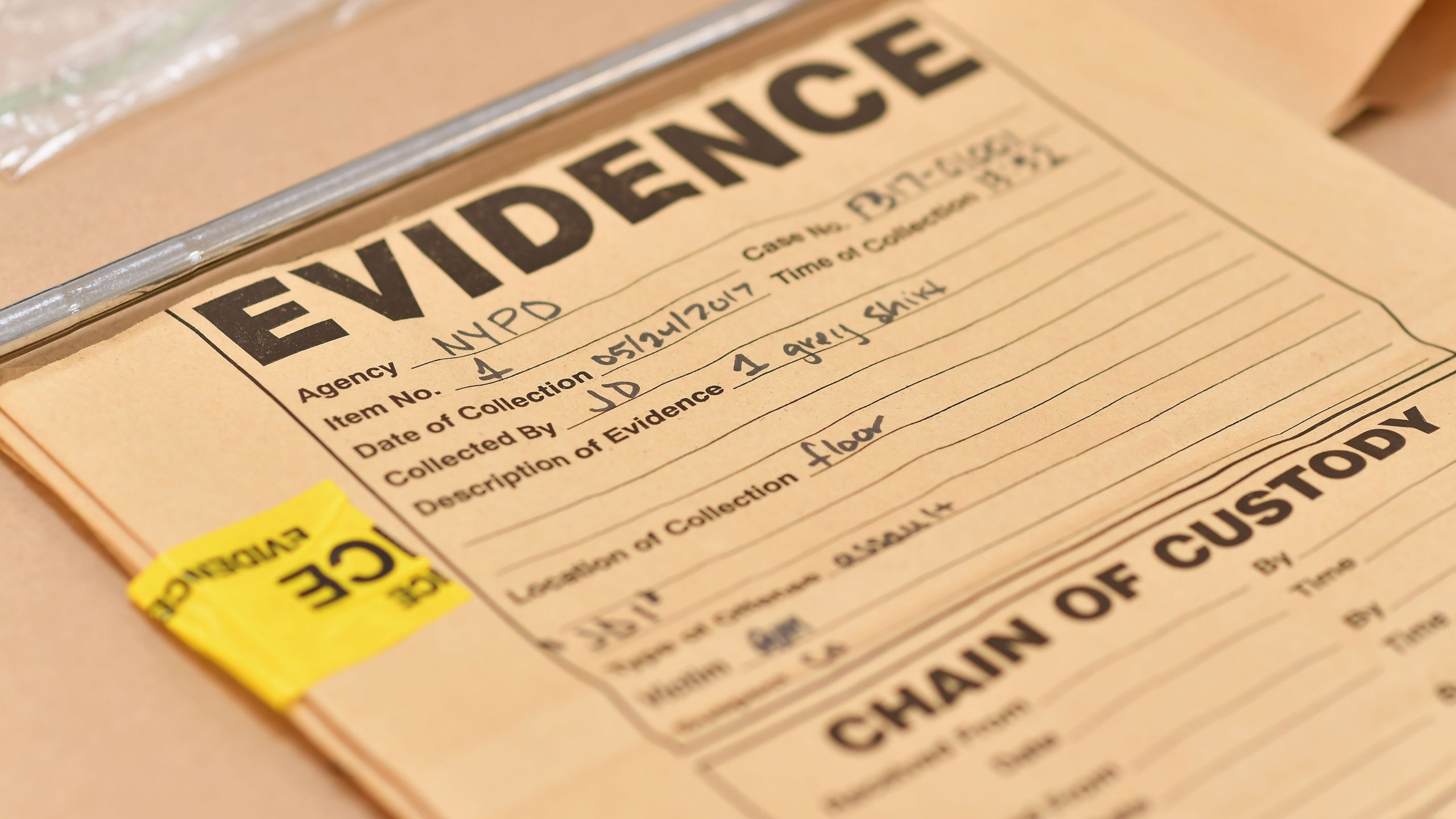 A bag to collect forensic evidence is seen as the New York City Office of Chief Medical Examiner hosts DNA Extraction demonstration to unveil groundbreaking technology allowing testing of degraded DNA samples on Sept. 6, 2018. (Credit: Angela Weiss / AFP / Getty Images)
