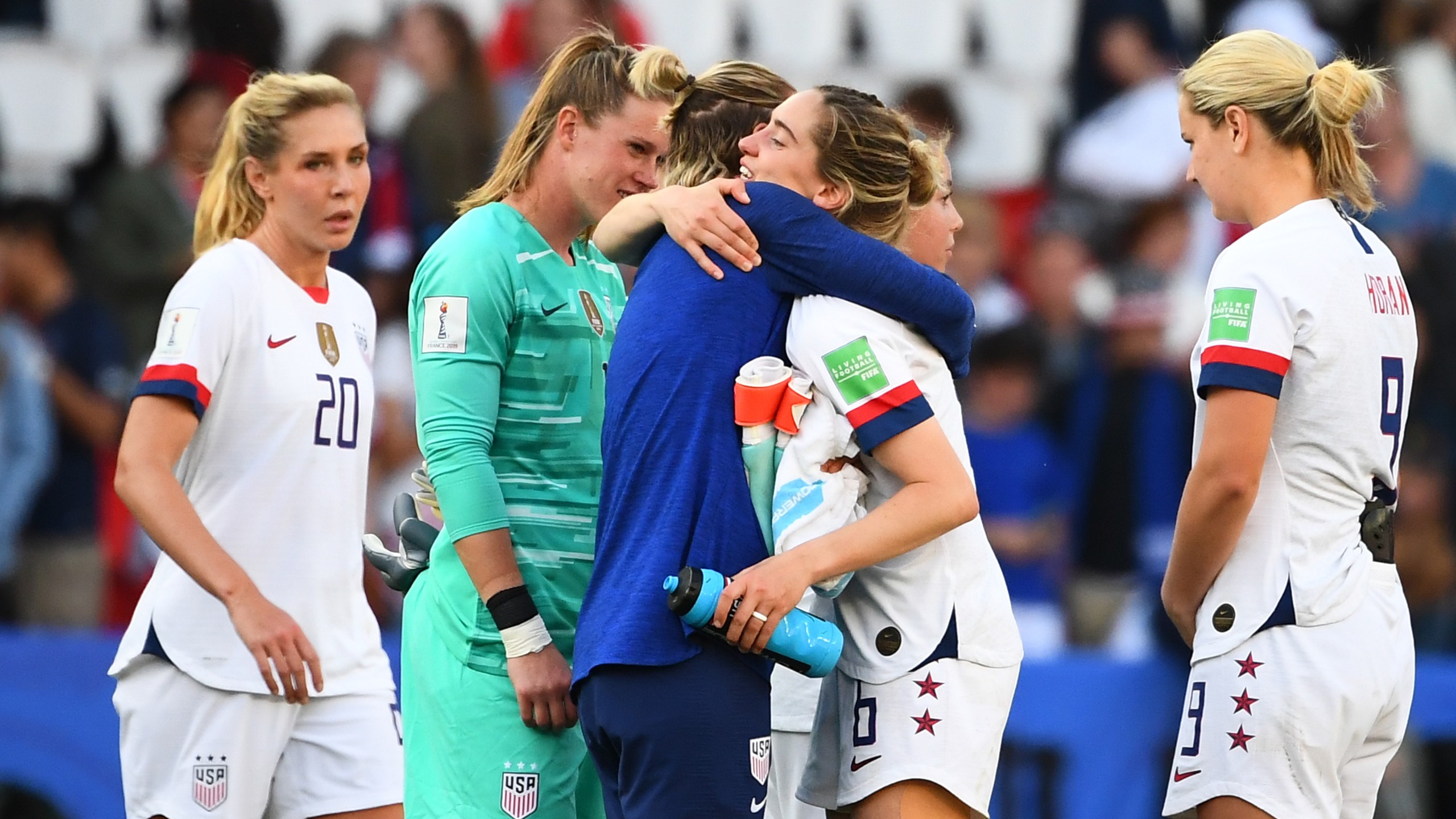 U.S. players celebrate at the end of the France 2019 Women's World Cup Group F football match between USA and Chile on June 16, 2019 at the Parc des Princes stadium in Paris. (Credit: FRANCK FIFE/AFP/Getty Images)