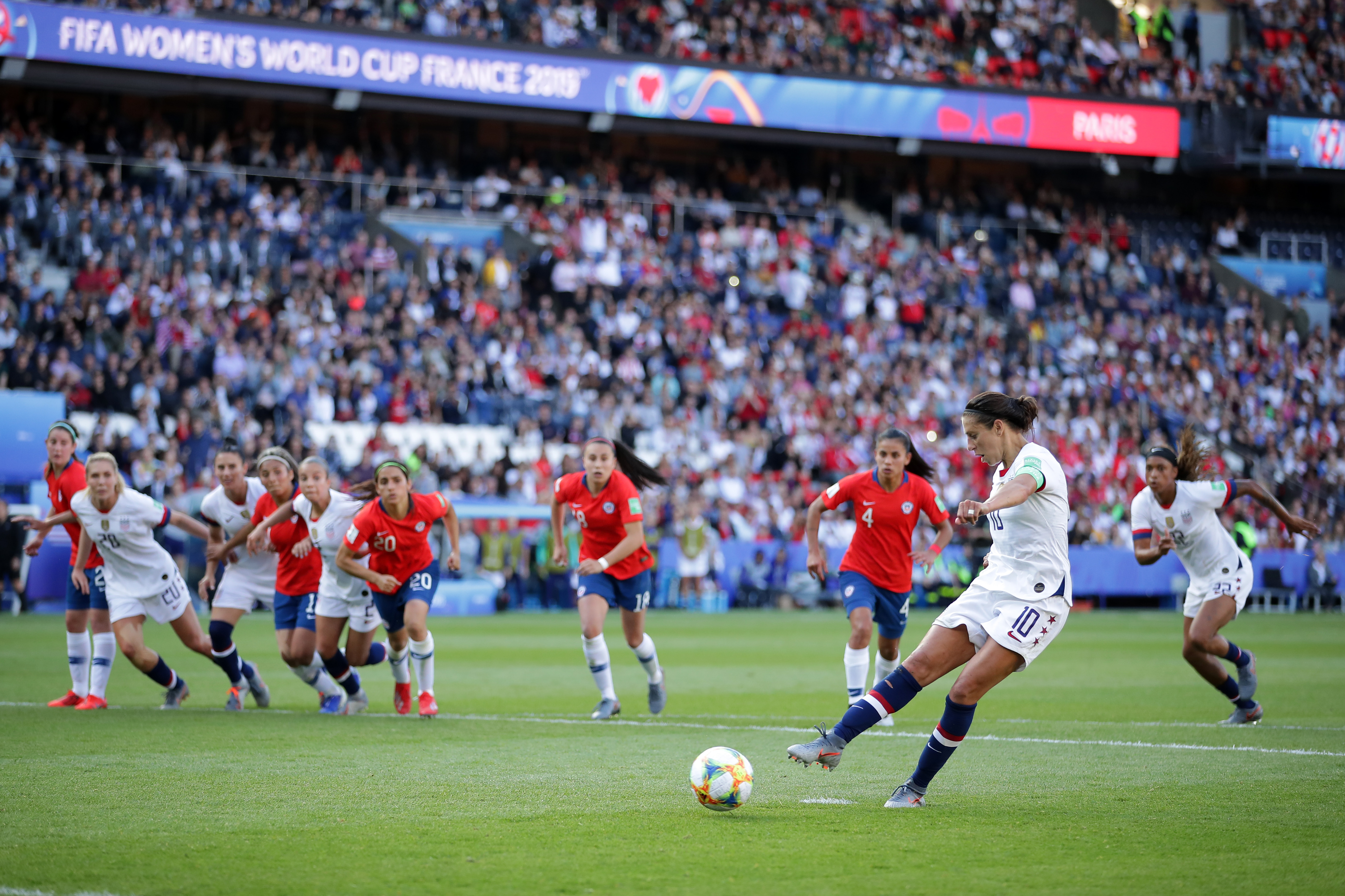 Carli Lloyd of the USA misses a penalty during the 2019 FIFA Women's World Cup France group F match between USA and Chile at Parc des Princes on June 16, 2019 in Paris, France. (Credit: Richard Heathcote/Getty Images)