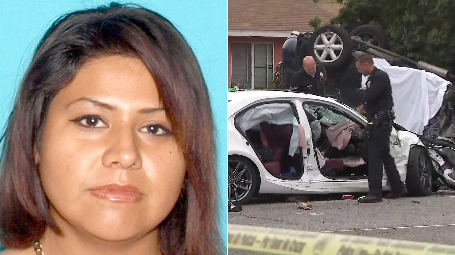 Maritza Joana Lara is seen in an undated driver's license photo released June 18, 2019, by the Los Angeles Police Department. On the right, officials assess the scene of a deadly crash she allegedly caused in North Hills on June 16, 2019. (Credit: KTLA)