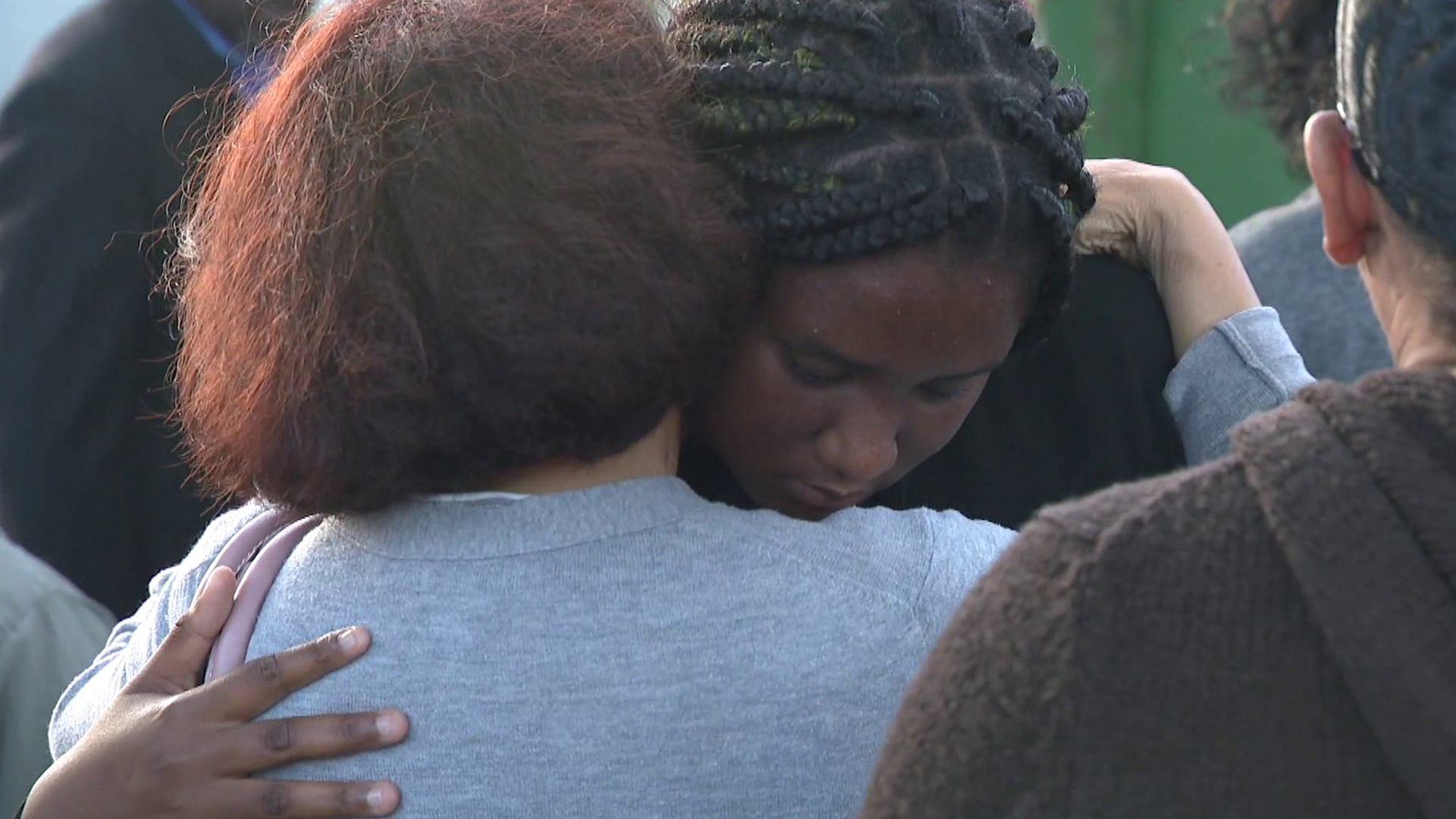 Loved ones of Kaylanaa Davis, 7, gather outside a church in Port Hueneme on July 3, 2019, after she and her pregnant mother were shot and wounded the night before. (Credit: KTLA)