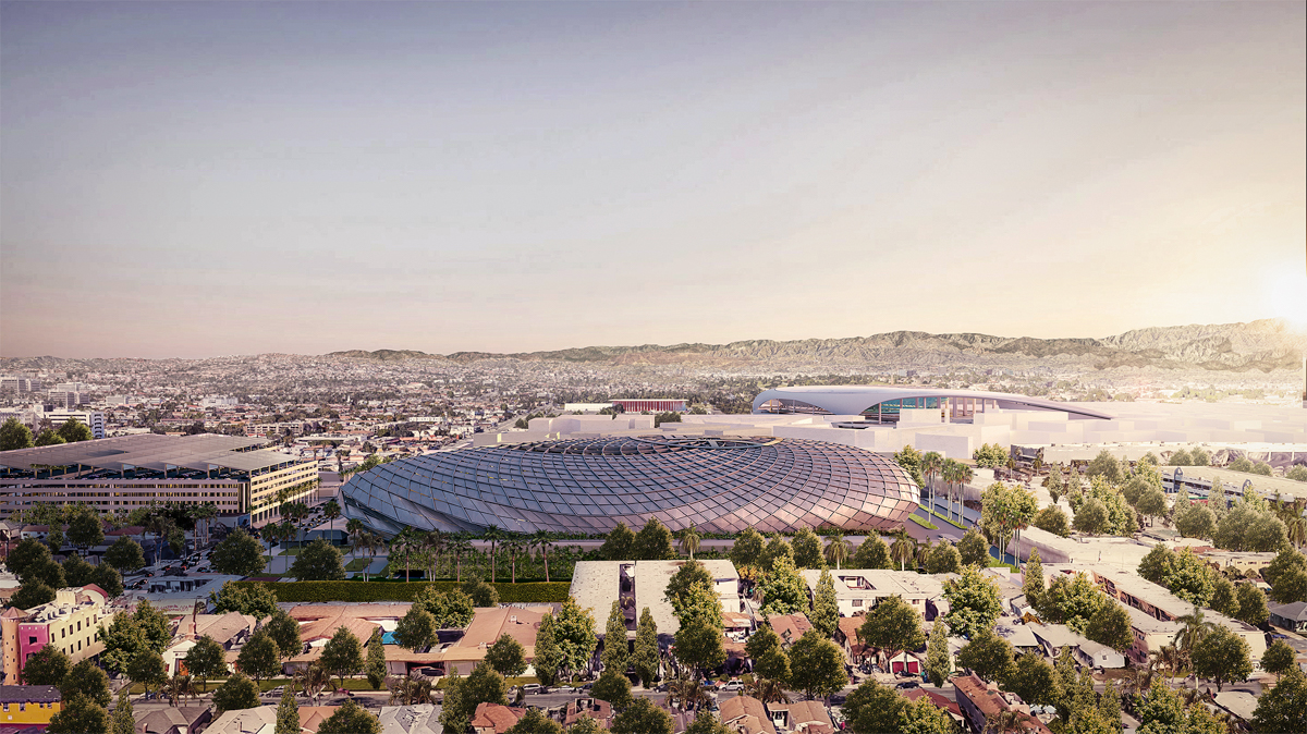A rendering looking south at the Clippers' proposed arena in Inglewood is seen in an image released by the team on July 25, 2019.