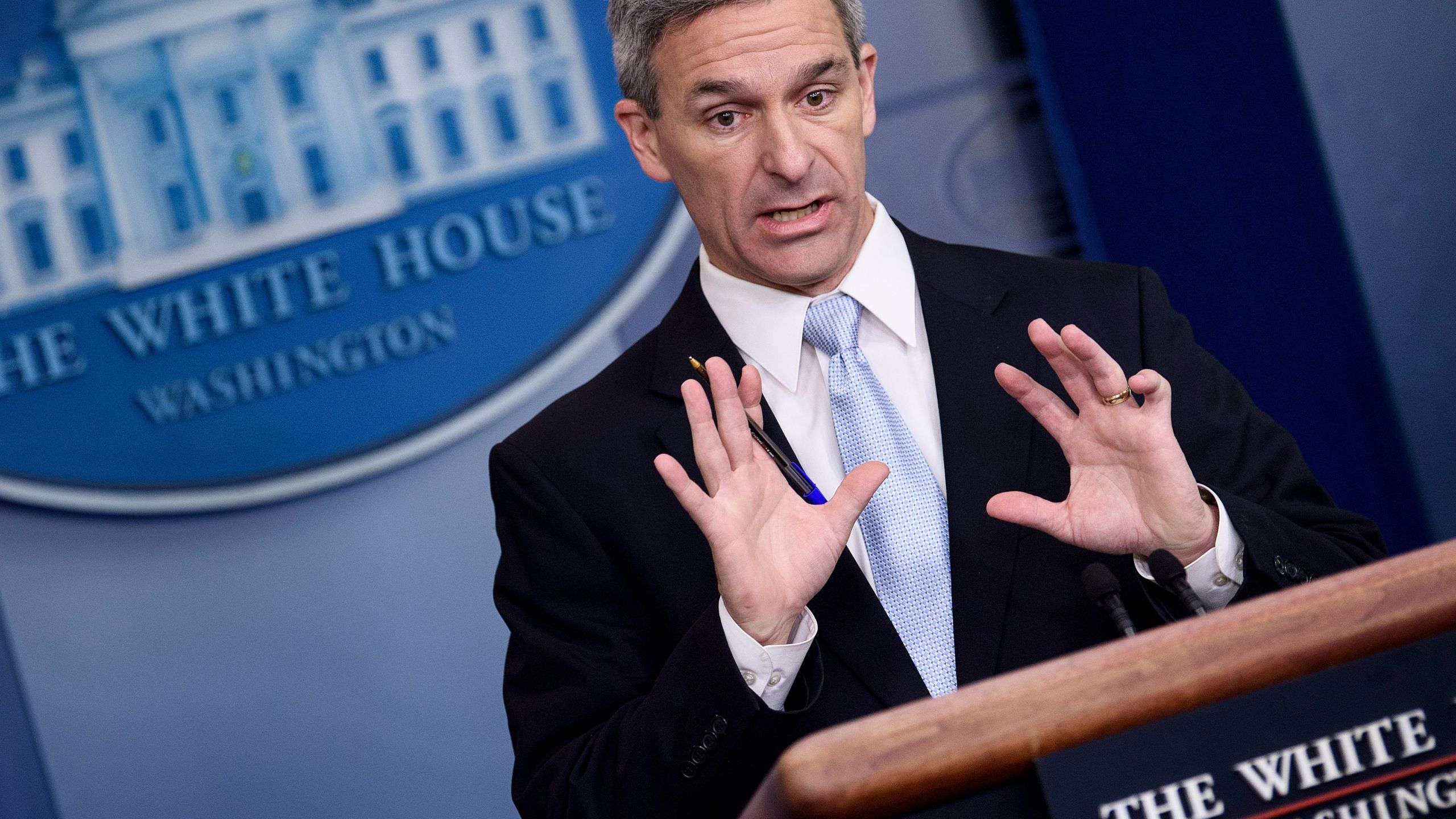 Acting Director of the U.S. Citizenship and Immigration Services Ken Cuccinelli speaks during a briefing at the White House Aug. 12, 2019, in Washington, D.C. (Credit: BRENDAN SMIALOWSKI/AFP/Getty Images)