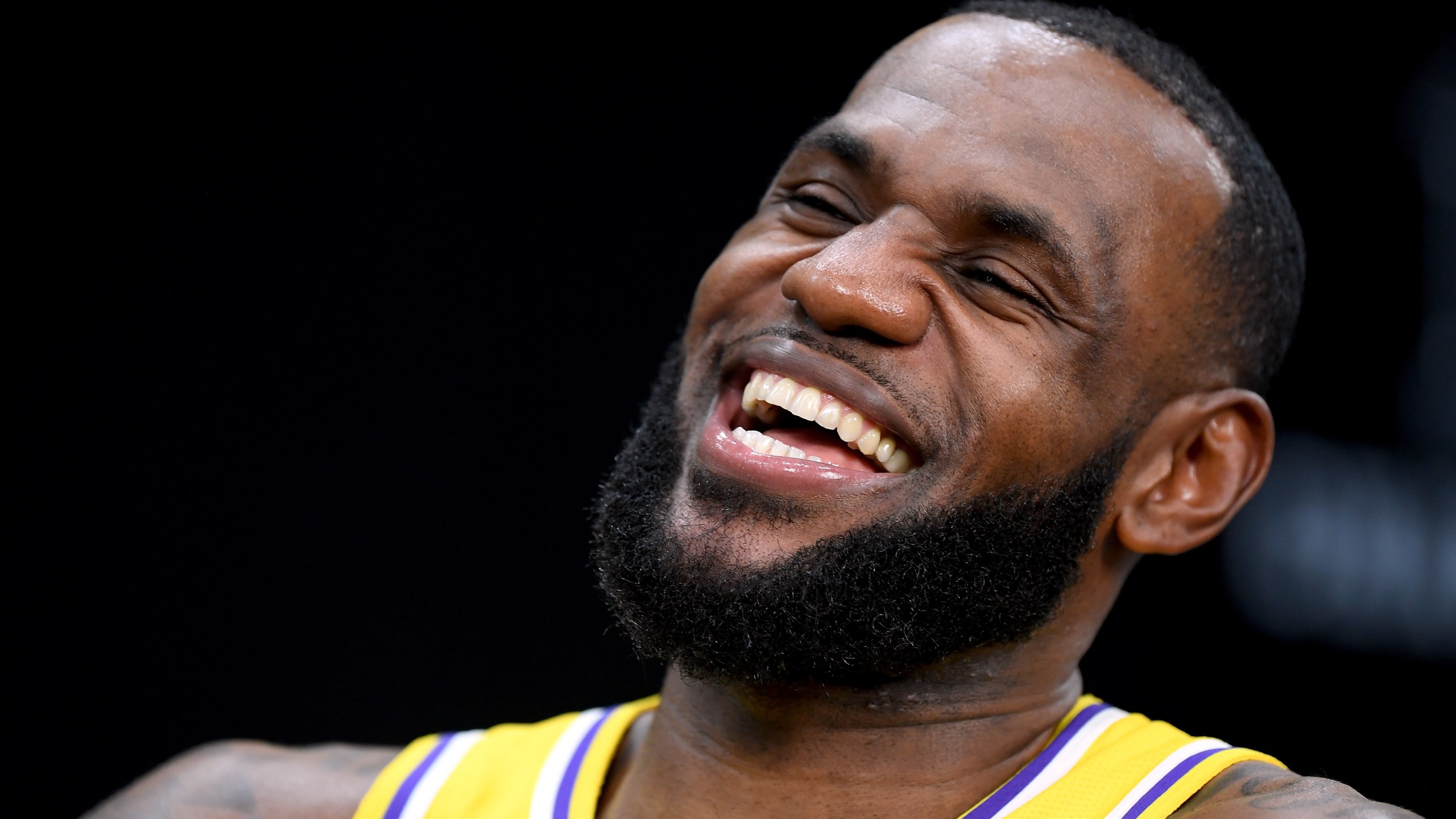 LeBron James laughs during the Los Angeles Lakers Media Day at on Sep. 24, 2018, in El Segundo, California. (Credit: Harry How/Getty Images)