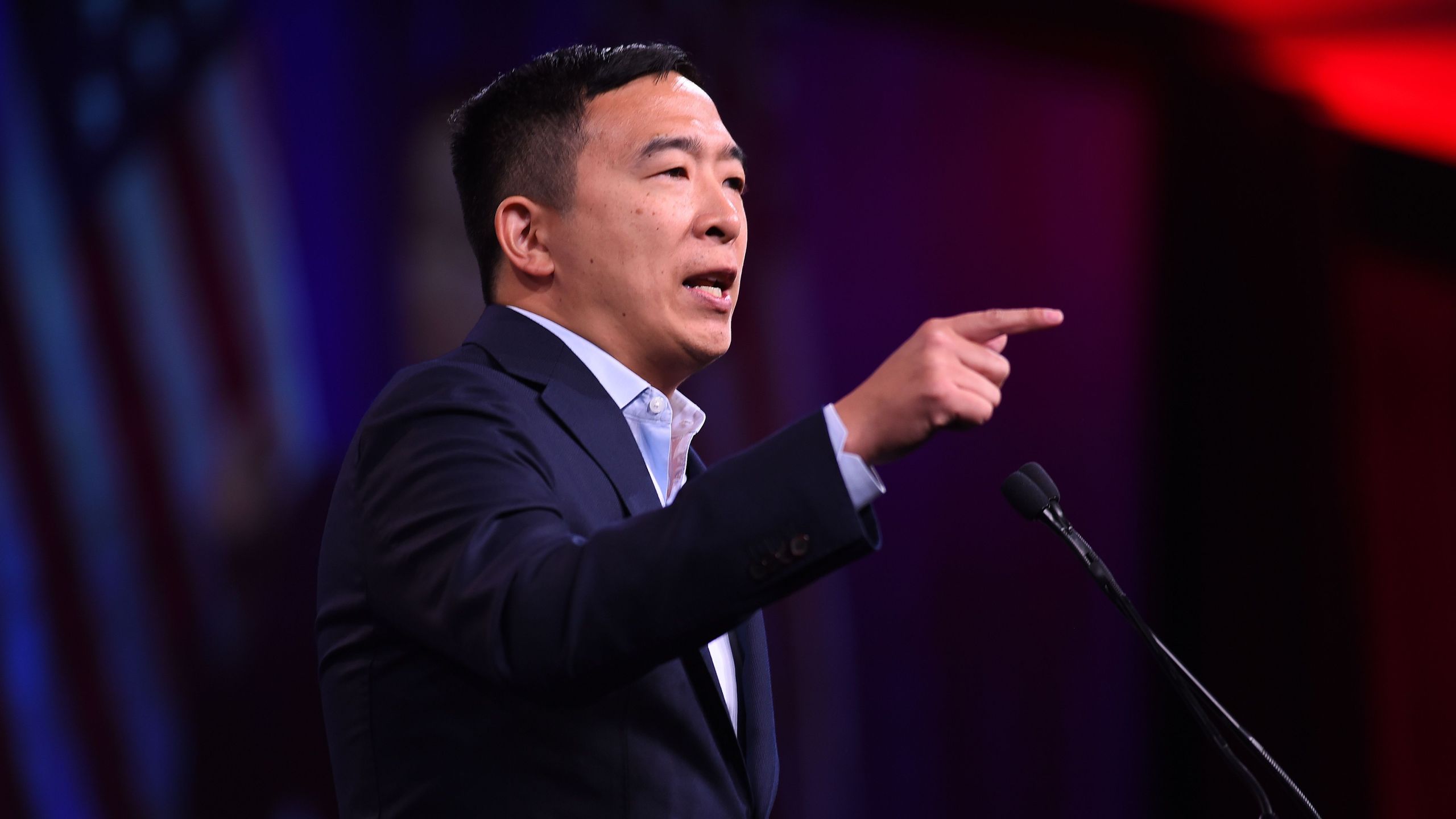 2020 Democratic Presidential hopeful Andrew Yang speaks on stage during the Democratic National Committee's summer meeting in San Francisco, California on August 23, 2019. (Credit: JOSH EDELSON/AFP/Getty Images)