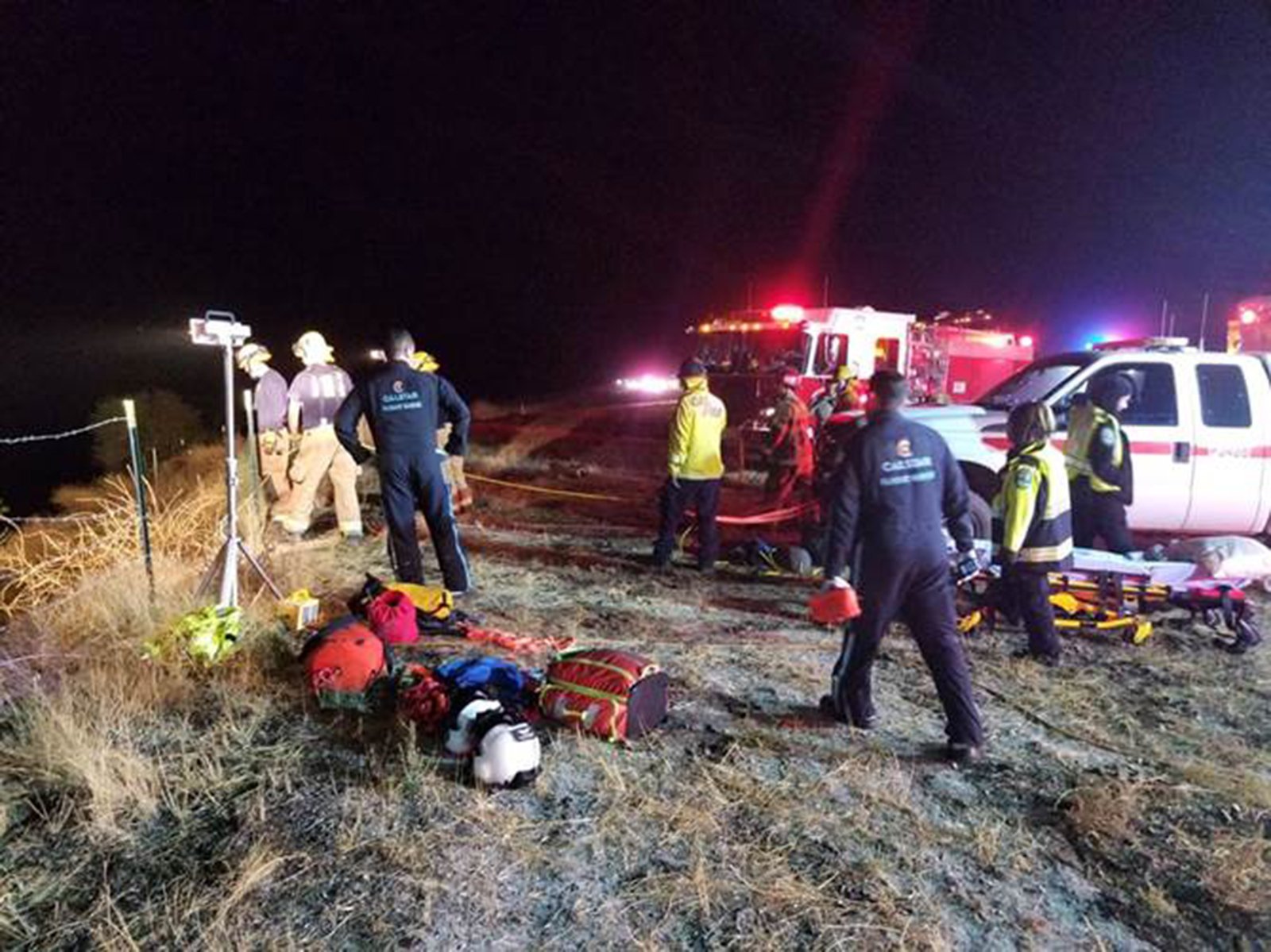 A bus went off the roadway in California, killing one person and injuring multiple others. (Credit: Cal Fire/San Luis Obispo)