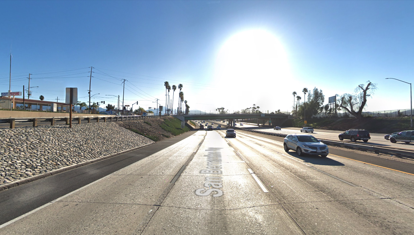 The westbound 10 Freeway in Colton at Mount Vernon Avenue is seen in a Google Maps Street View image.