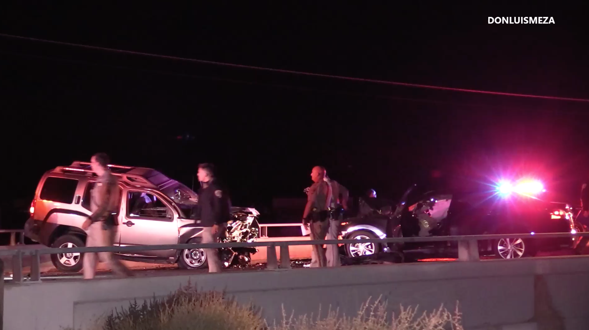 Two vehicles are seen in the aftermath of a deadly head-on crash in Lake Los Angeles on Oct. 8, 2019. (Credit: Donluismeza)