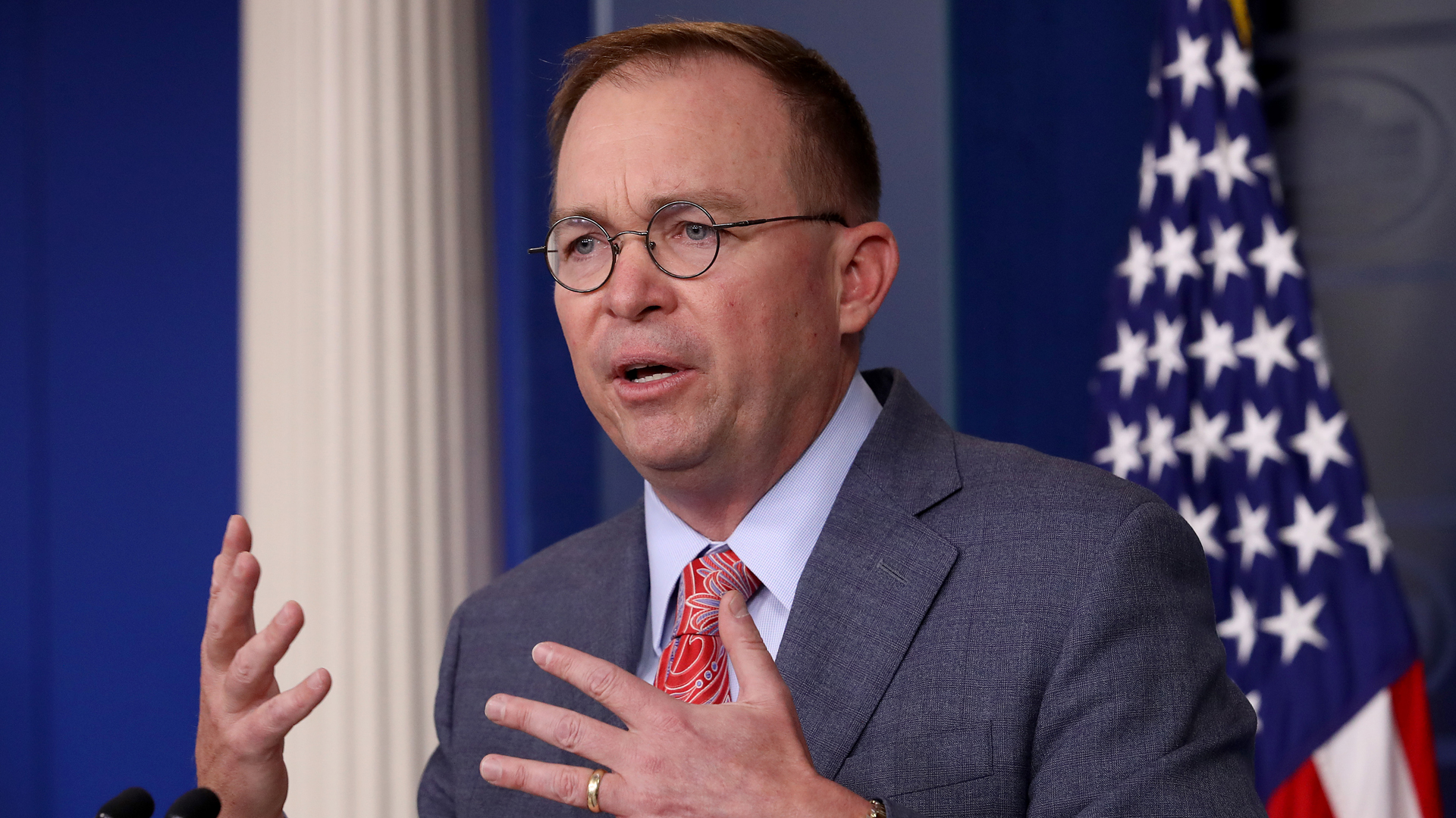 Acting White House Chief of Staff Mick Mulvaney answers questions during a briefing at the White House October 17, 2019 in Washington, DC. Mulvaney answered a range of questions relating to the issues surrounding the impeachment inquiry of U.S. President Donald Trump, and other issues during the briefing. (Credit: Win McNamee/Getty Images)