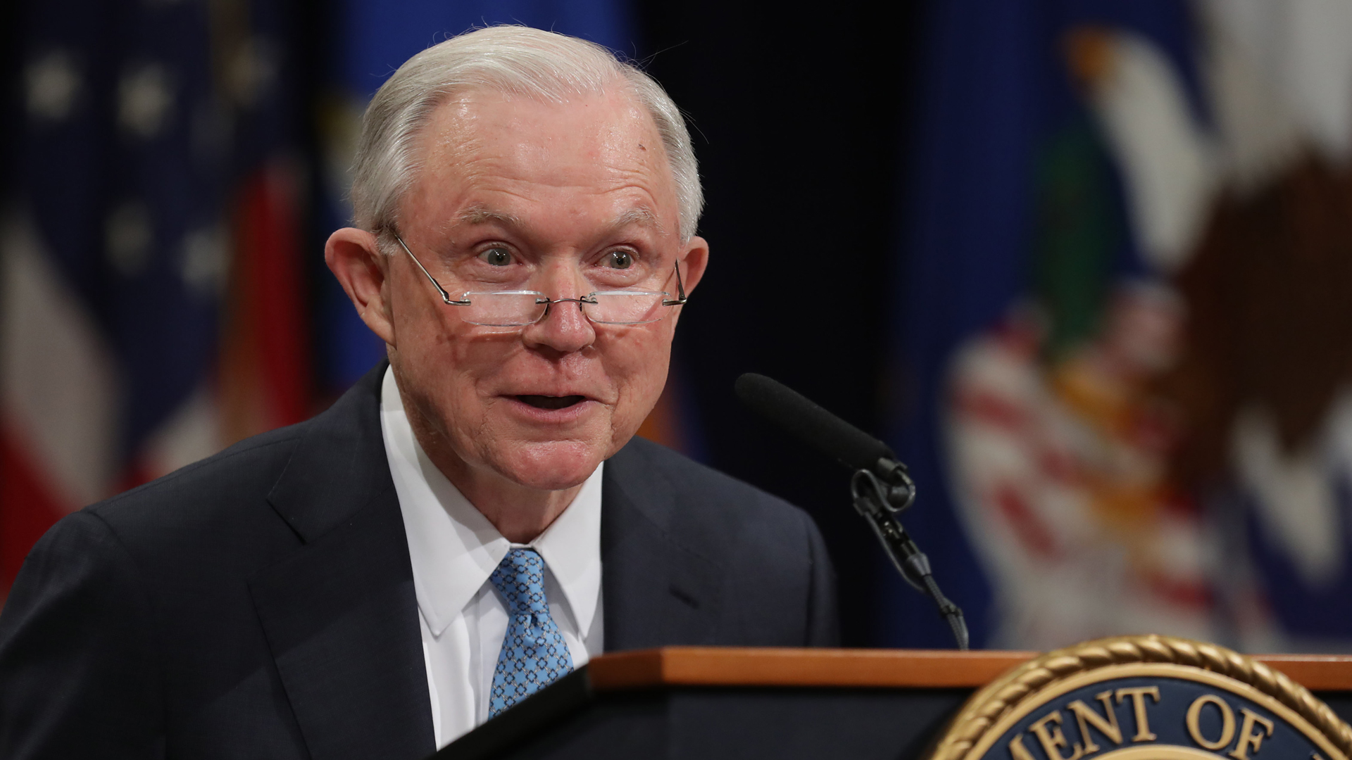 Former U.S. Attorney General Jeff Sessions delivers remarks during a farewell ceremony for Deputy Attorney General Rod Rosenstein on May 9, 2019, in Washington, DC. (Chip Somodevilla/Getty Images)