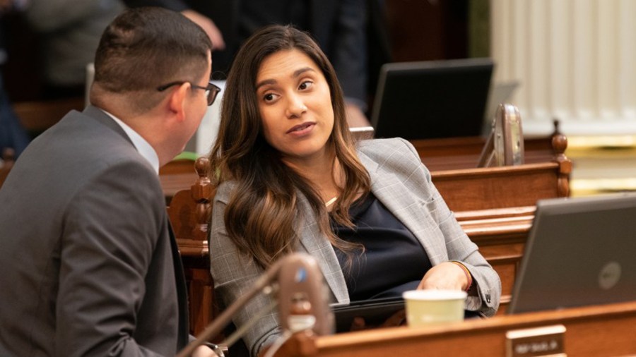 Assemblywoman Sabrina Cervantes talks with Assemblyman Rudy Salas at the state Capitol in August.(Robert Gourley / Los Angeles Times)