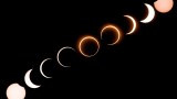 This composite image shows the moon as it moves in front of the sun in a rare "ring of fire" solar eclipse as seen from Tanjung Piai in Malaysia on December 26, 2019. (Credit: SADIQ ASYRAF/AFP via Getty Images)