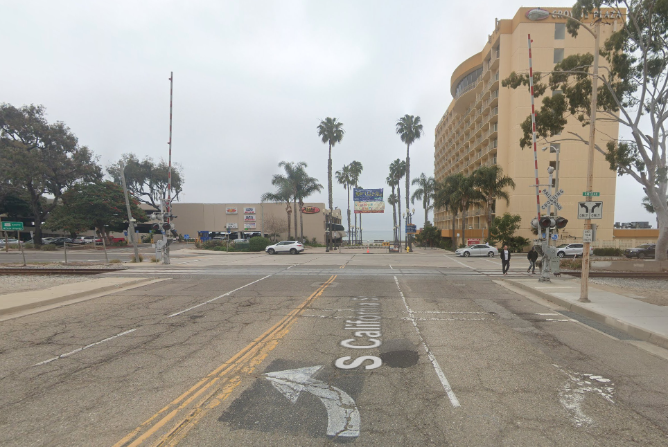 A Google Maps image shows a train track on California Street near Harbor Boulevard in Ventura.