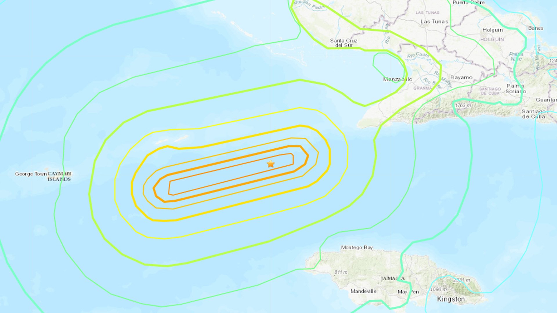 An earthquake strikes in the Caribbean Sea near Cuba and Jamaica on Jan. 28, 2020. (Credit: U.S. Geological Survey)