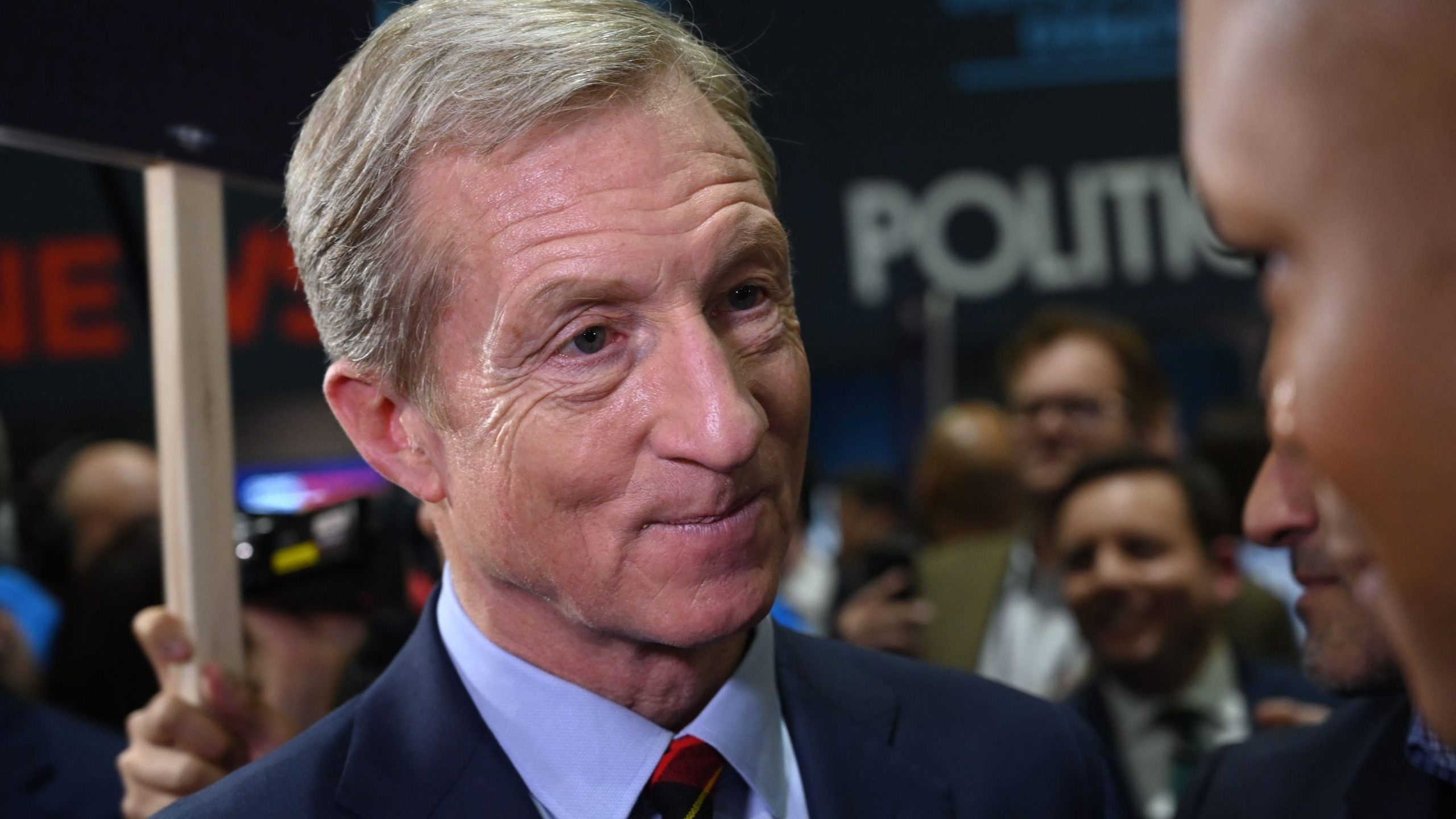 Democratic presidential hopeful and billionaire Tom Steyer speaks to press after the sixth primary debate at Loyola Marymount University on Dec. 19, 2019. (Credit: Robyn Beck / AFP / Getty Images)