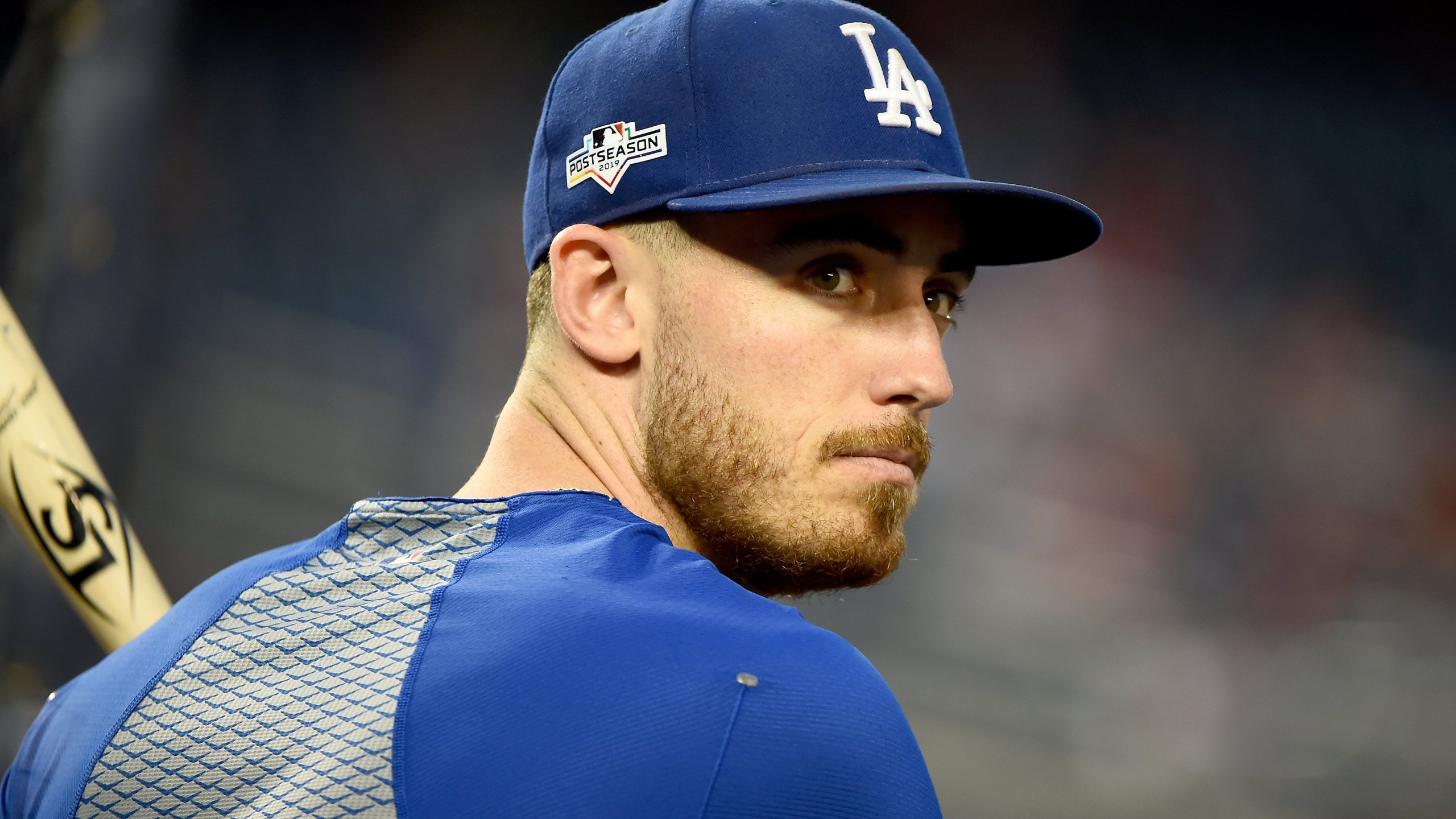 Cody Bellinger of the Los Angeles Dodgers looks on during batting practice prior to game three of the National League Division Series against the Washington Nationals at Nationals Park on Oct. 06, 2019.(Credit: Will Newton/Getty Images)