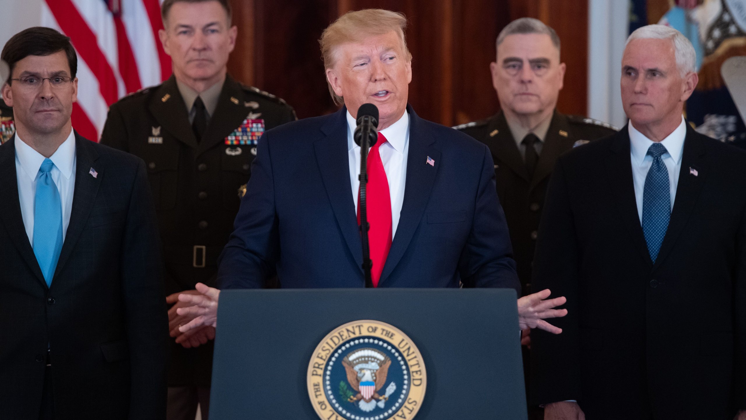 President Donald Trump speaks about Iran in the Grand Foyer of the White House in Washington, DC, Jan. 8, 2020. (Credit: SAUL LOEB/AFP via Getty Images)