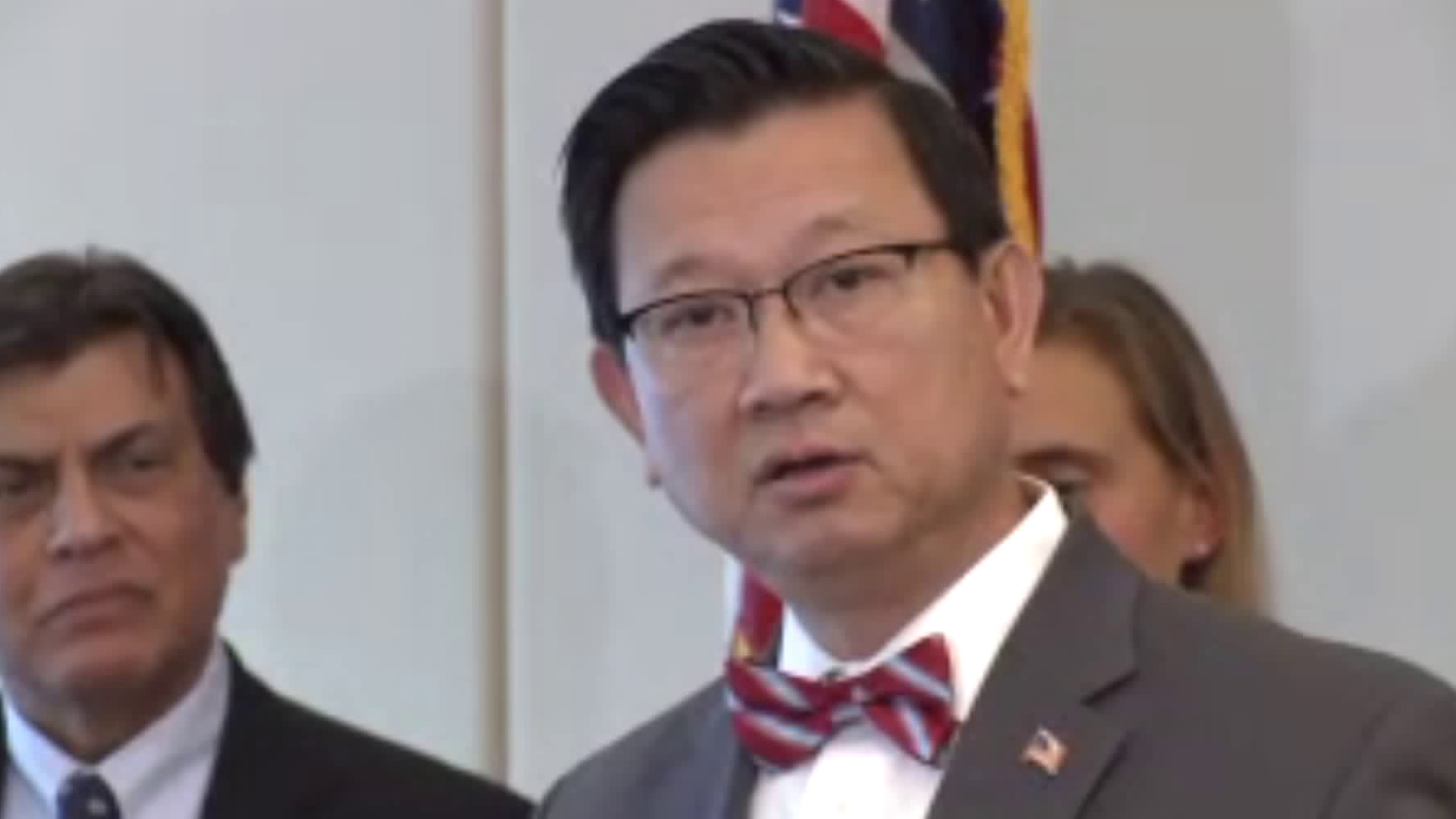 Orange County Supervisor Andrew Do speaks to reporters on Feb. 26, 2020, in Santa Ana, about the county declaring a local emergency over the coronavirus. (KTLA)