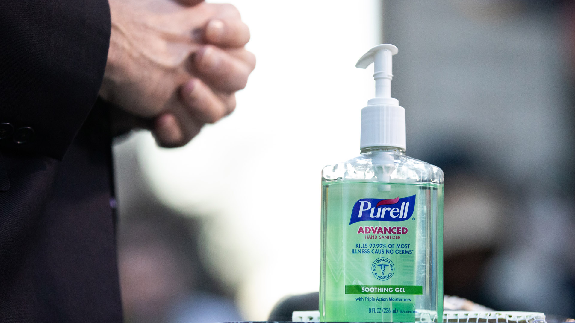 A bottle of hand-sanitizer is seen in Union Square on March 9, 2020, in New York City. (Jeenah Moon/Getty Images)