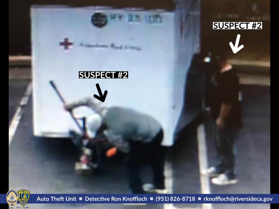 A photo of two men captured stealing a Red Cross trailer in Riverside was released by police on on April 1, 2020.