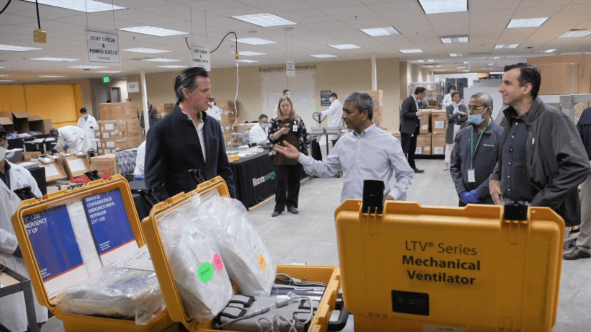 Governor Newsom, Mayor Liccardo and Bloom Energy CEO KR Sridhar visit a ventilator refurbishing site in Sunnyvale on March 28, 2020. (The Office of the Governor)