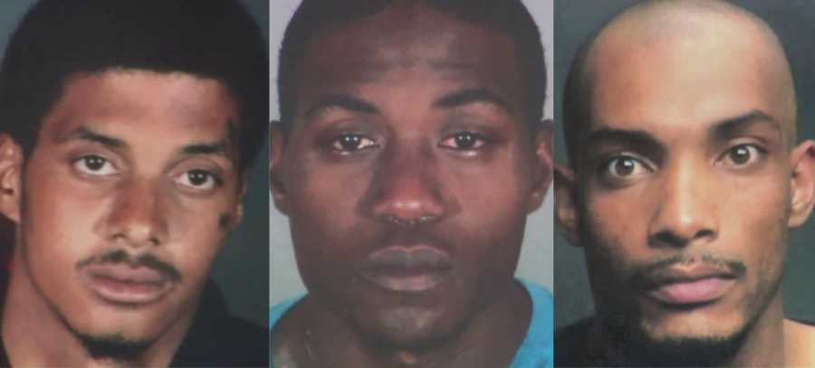 James Spencer, Darrell Robinson and Frank Adams are seen in photos displayed by the Los Angeles Police Department during a news conference to announce their arrest on May 28, 2020. (KTLA)