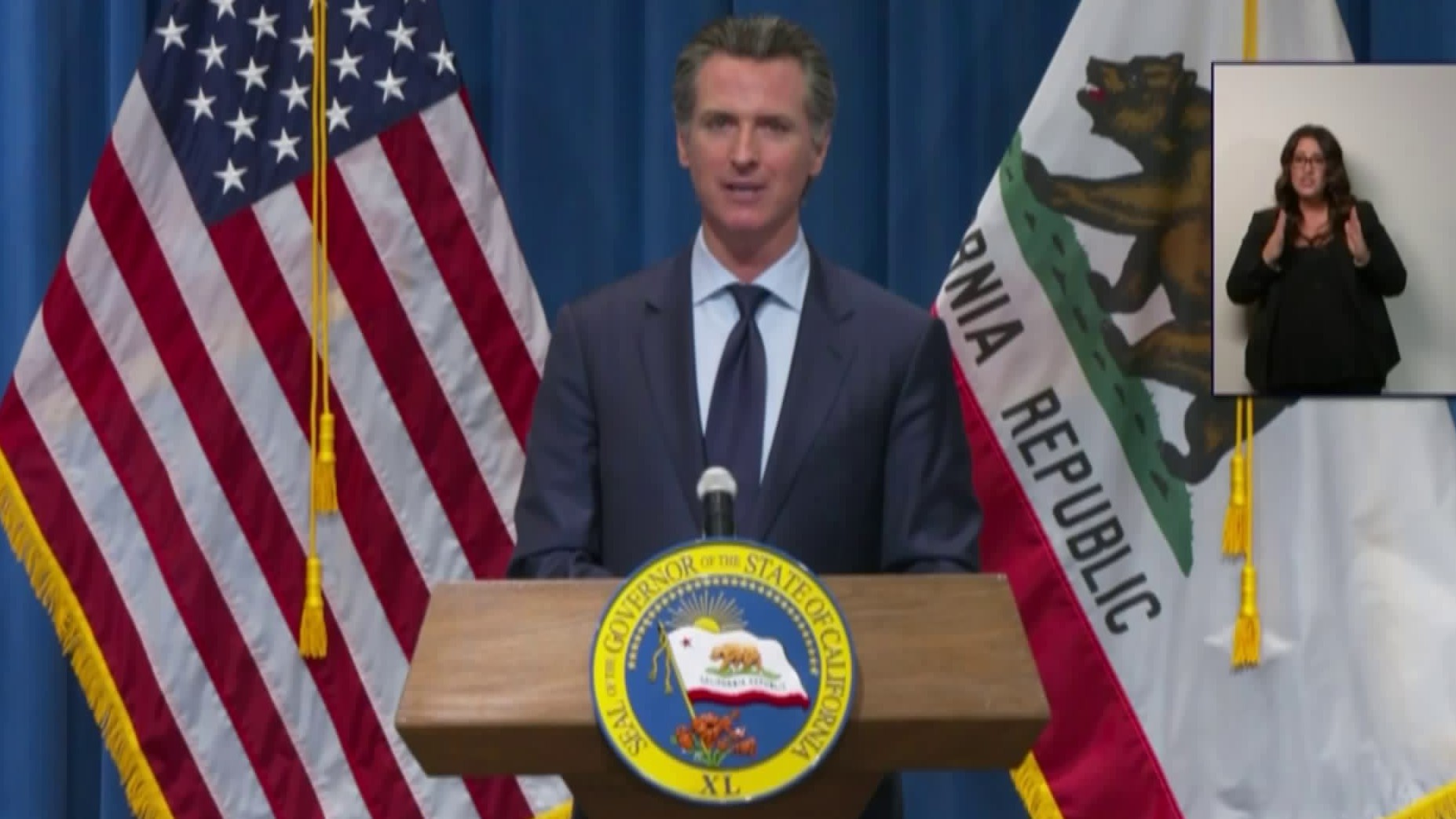 Gov. Gavin Newsom speaks at a news conference on May 14, 2020. (Pool)
