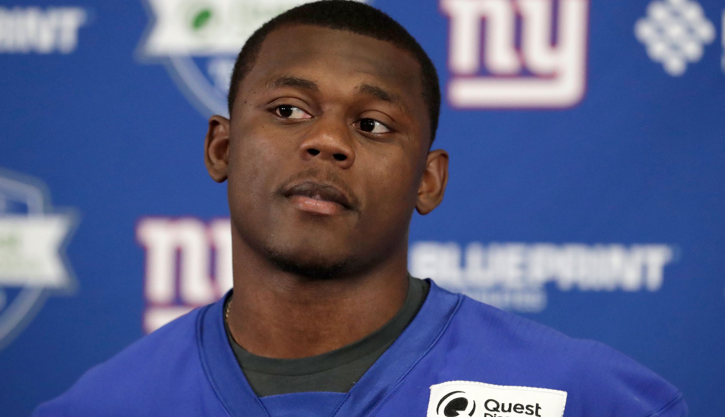 Deandre Baker, the New York Giants overall draft pick, talks to reporters during NFL football rookie camp in May 2019 in East Rutherford, New Jersey. (Julio Cortez/AP via CNN Wire)