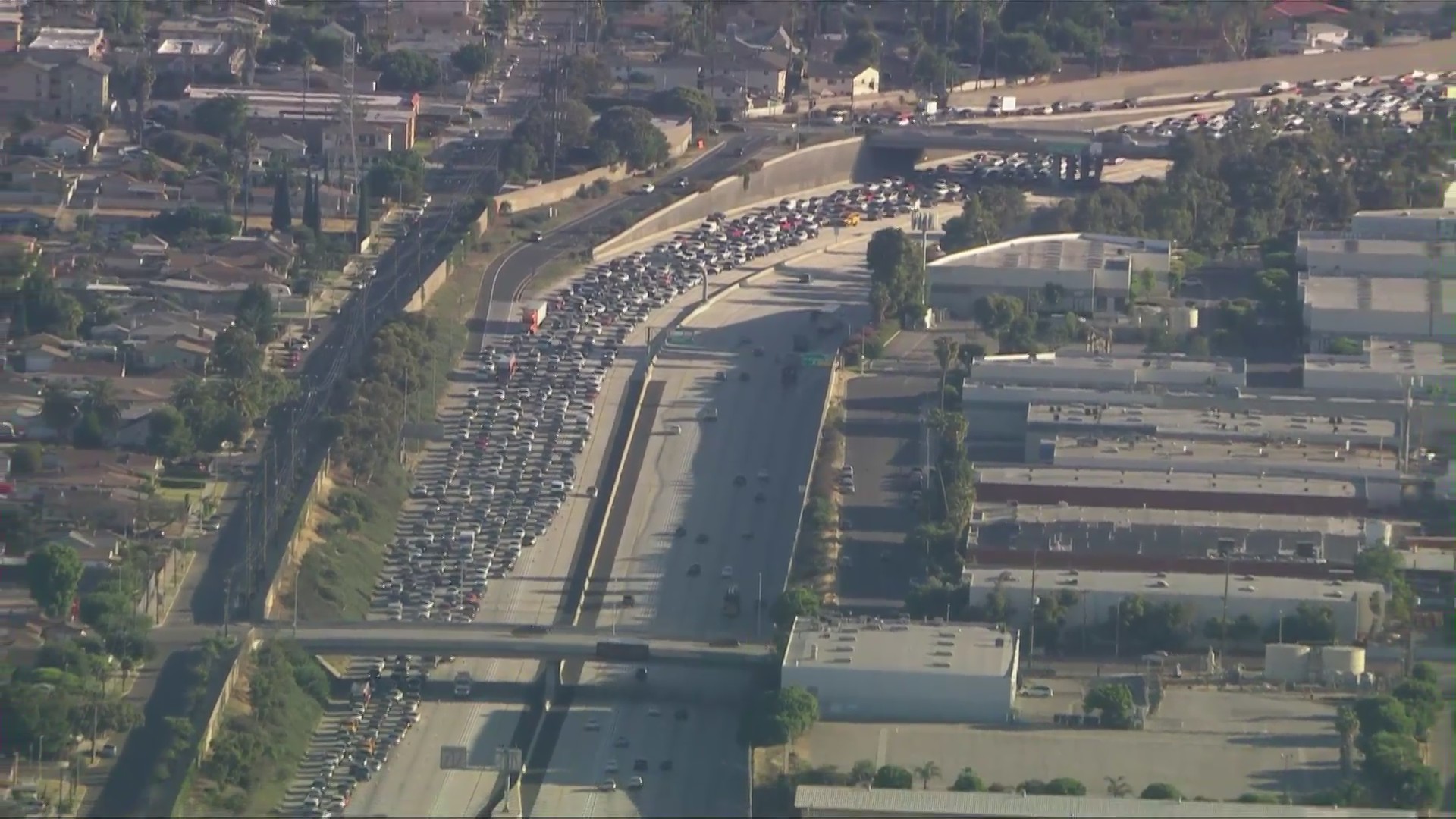 Traffic is backed up for miles on the southbound 110 Freeway in the Gardena area on June 10, 2020. (Sky5)