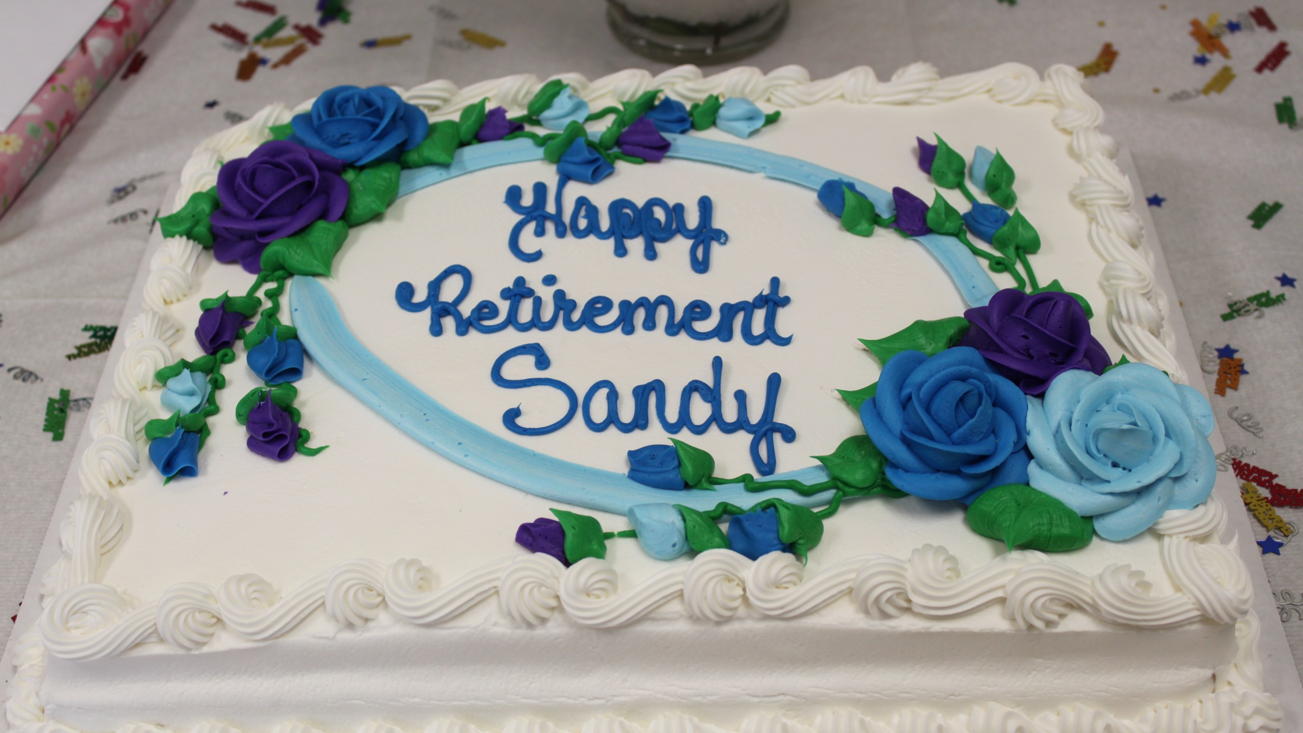 A cake from Costco reads "Happy Retirement Sandy" in a 20013 photo from Minnesota's Anoka County Library Flickr page.