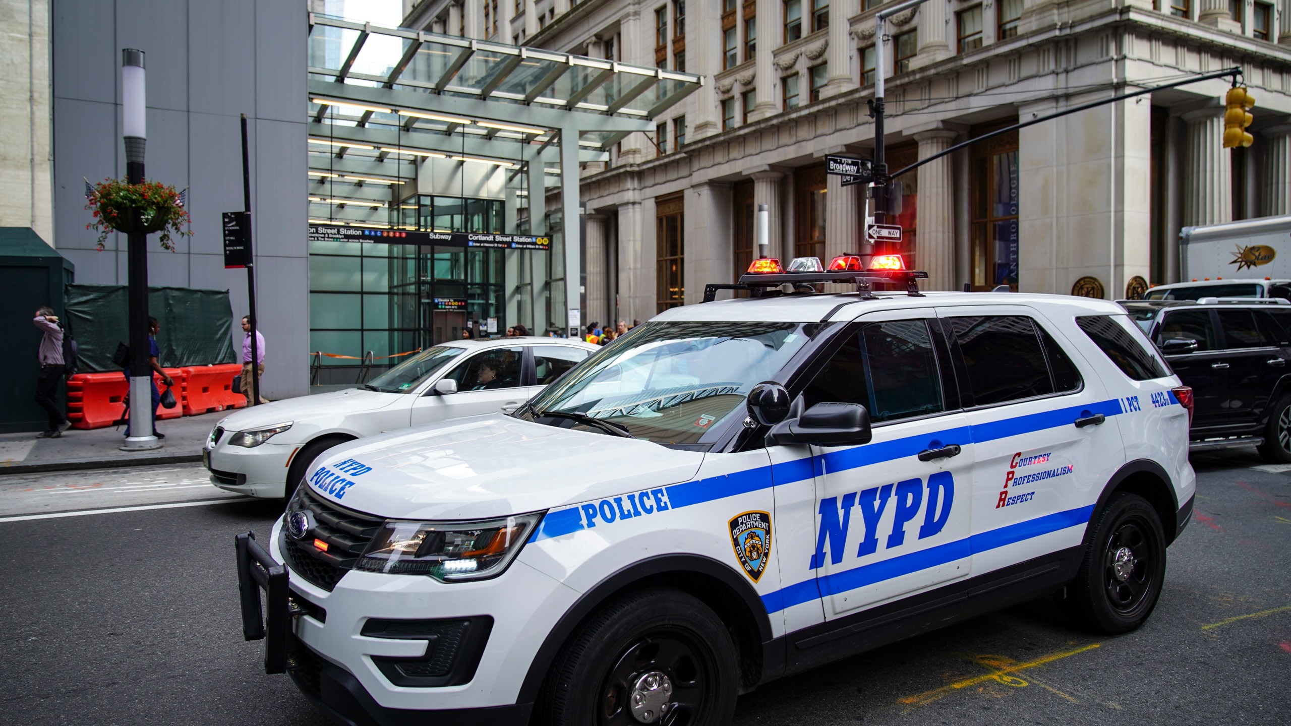 NYPD police vehicles are seen in Lower Manhattan on August 16, 2019, in New York City. (Drew Angerer/Getty Images)