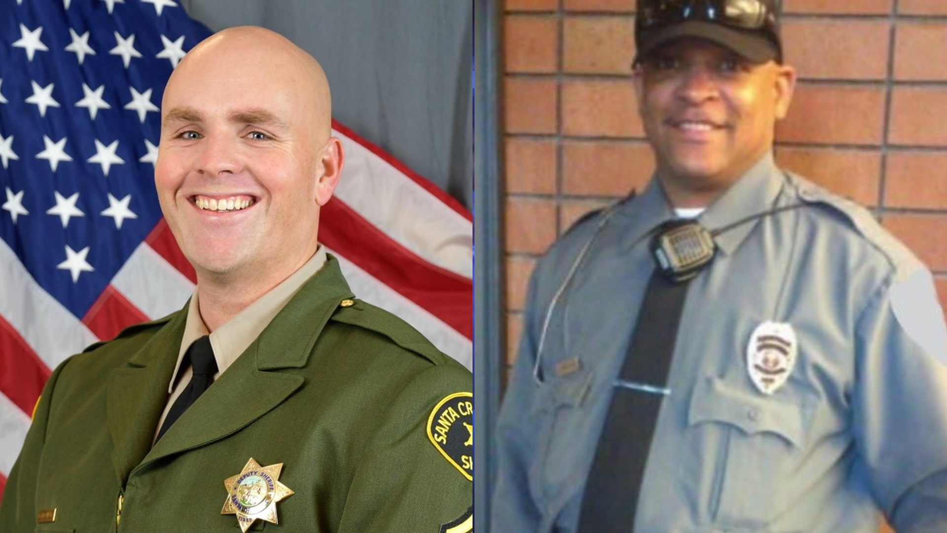 Santa Cruz Sheriff's Department Sgt. Damon Gutzwiller, 38, left, pictured in a photo released by the agency following his death in the line of duty on June 6, 2020, and federal security officer Dave Patrick Underwood, 53, right, pictured in a photo posted to GoFundMe account following his death in the line of duty in Oakland on May 29, 2020.