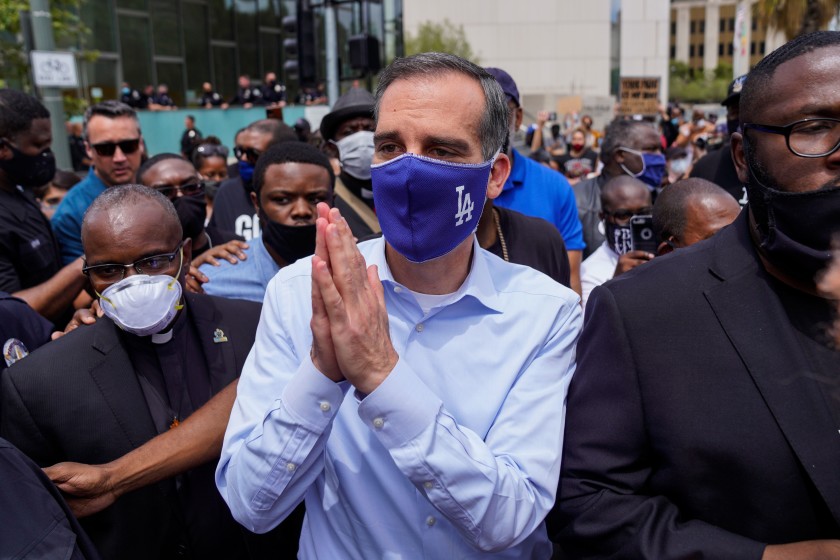 Mayor Eric Garcetti at a protest outside L.A. City Hall on June 2, 2020. (Kent Nishimura / Los Angeles Times)