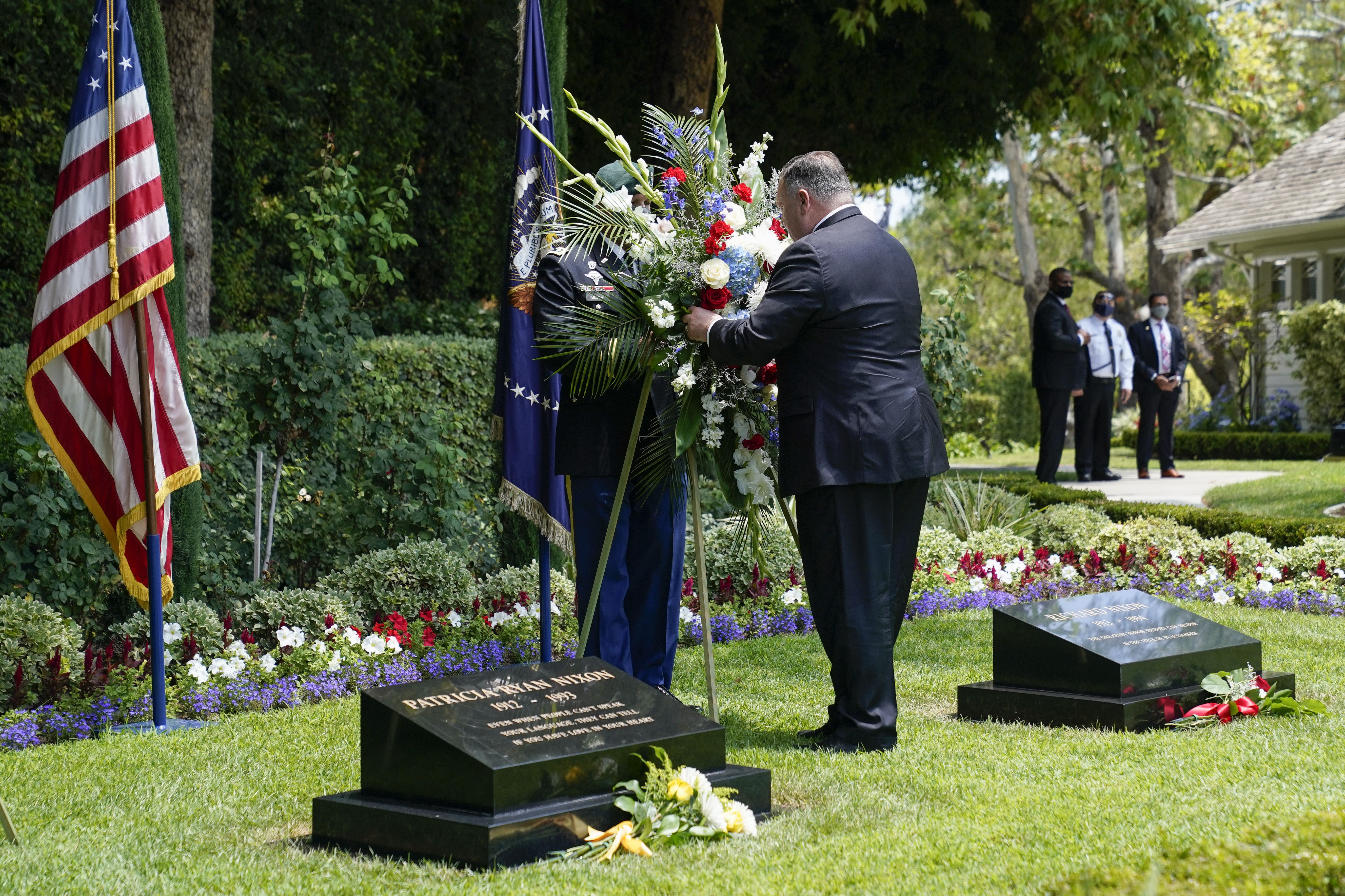 Secretary of State Mike Pompeo lays a wreath at the Richard Nixon Presidential Library, Thursday, July 23, 2020, in Yorba Linda. (AP Photo/Ashley Landis, Pool)