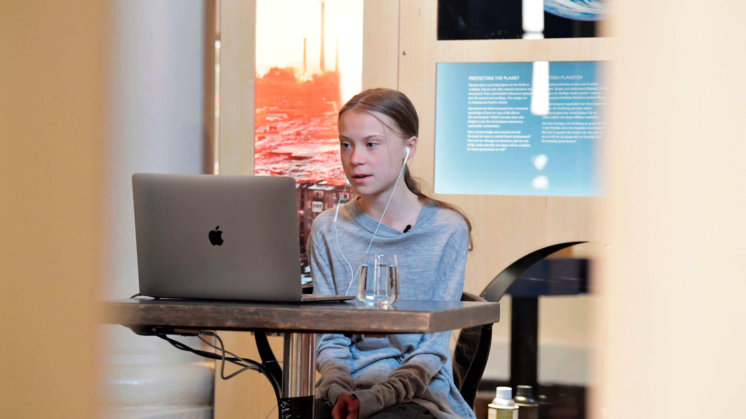 Swedish climate and environmental activist Greta Thunberg is seen during a video conversation with Swedish Professor and joint director of the Potsdam Institute for Climate Impact Research during a live broadcast from the Nobel Prize Museum in Stockholm, Sweden, on April 22, 2020. (JESSICA GOW/TT News Agency/AFP via Getty Images)