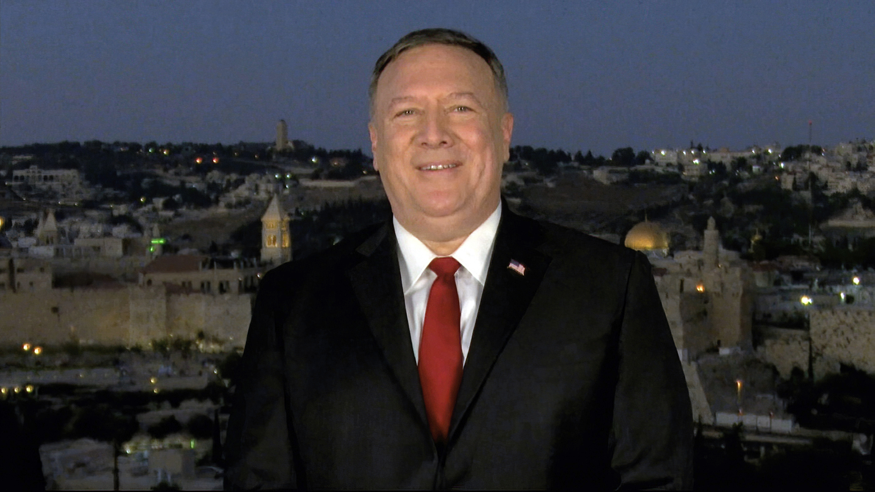 In this image from video, Secretary of State Mike Pompeo speaks from Jerusalem during the second night of the Republican National Convention on Aug. 25, 2020. (Courtesy of the Committee on Arrangements for the 2020 Republican National Committee via Associated Press)