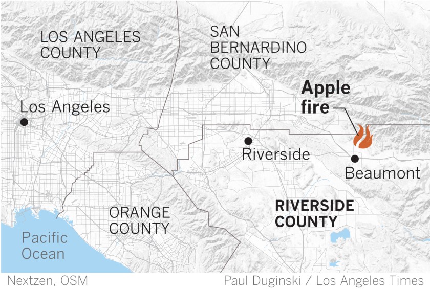 A map from the Los Angeles Times shows where the Apple Fire was burning on July 31, 2020.