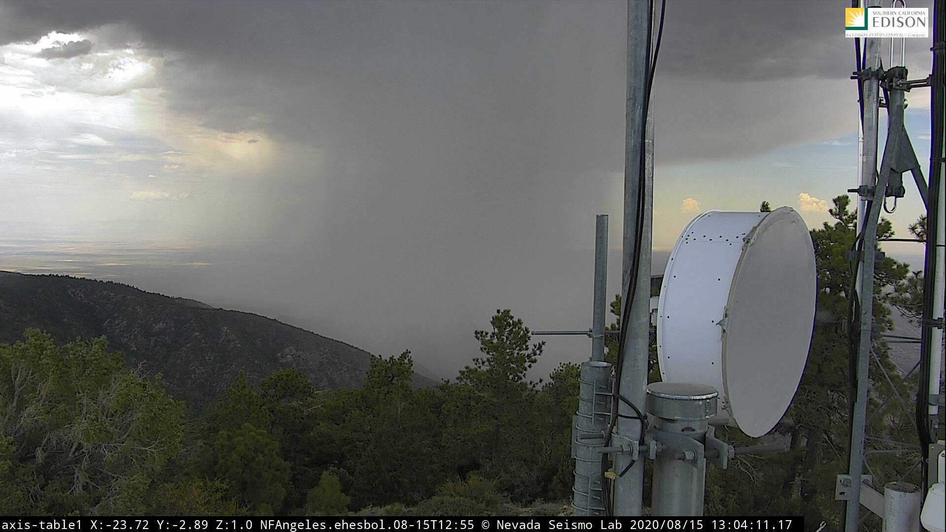 View of heavy rain producing thunderstorm near Llano in the Antelope Valley on Aug. 15, 2020. (SoCal Edison via NWS)