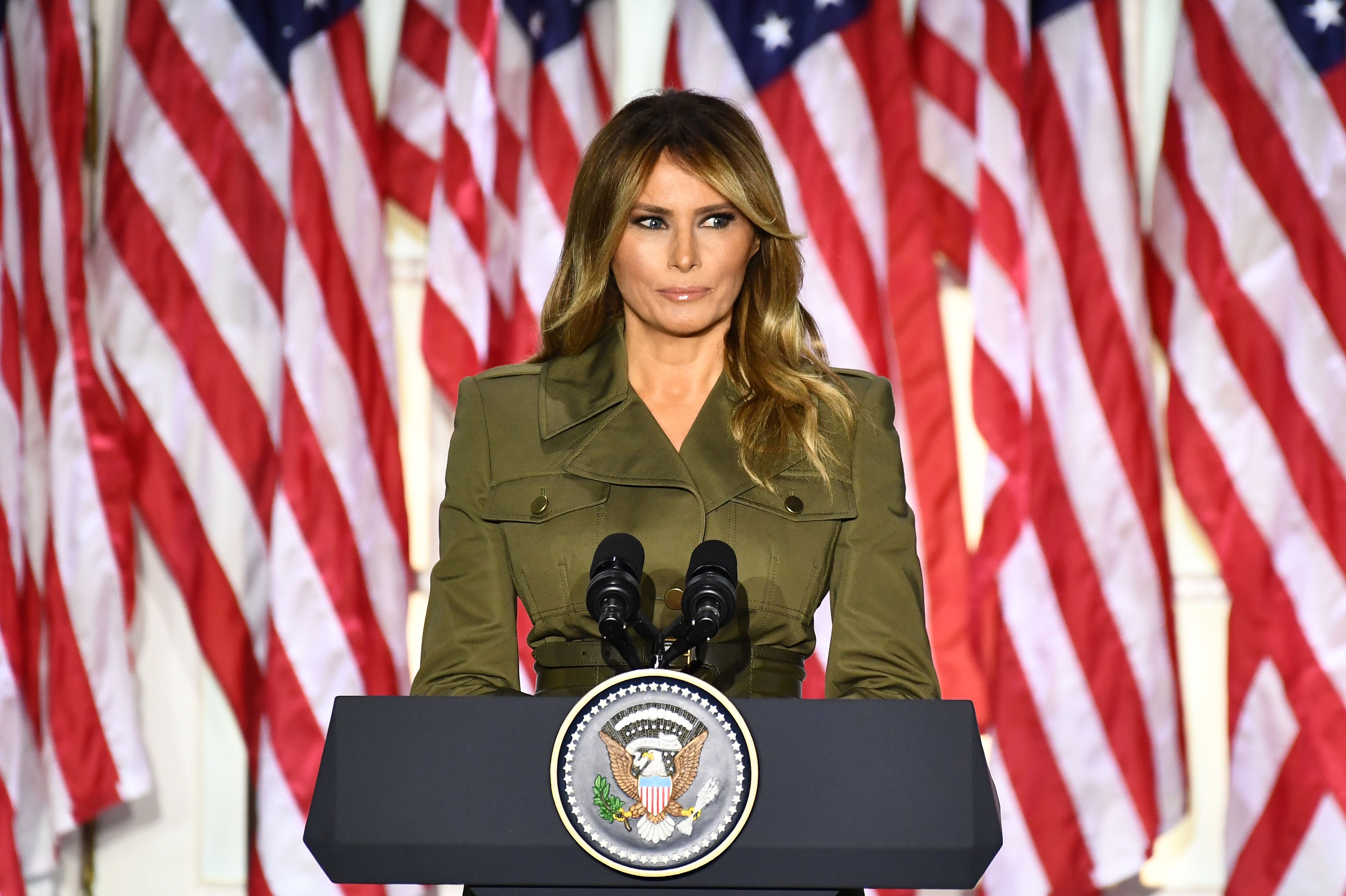 First lady Melania Trump addresses the Republican Convention during its second day from the Rose Garden of the White House Aug. 25, 2020. (Brendan Smialowski / AFP / Getty Images)