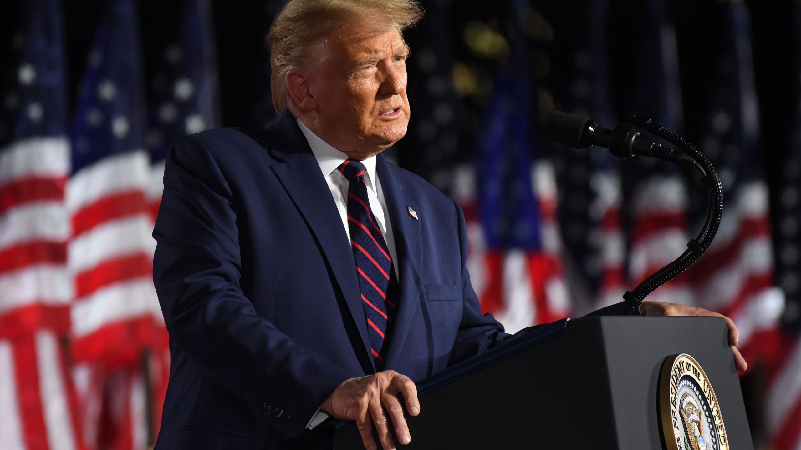 President Donald Trump delivers his acceptance speech for the Republican Party nomination for reelection during the final day of the Republican National Convention from the South Lawn of the White House on Aug. 27, 2020. (Saul Loeb / AFP / Getty Images)
